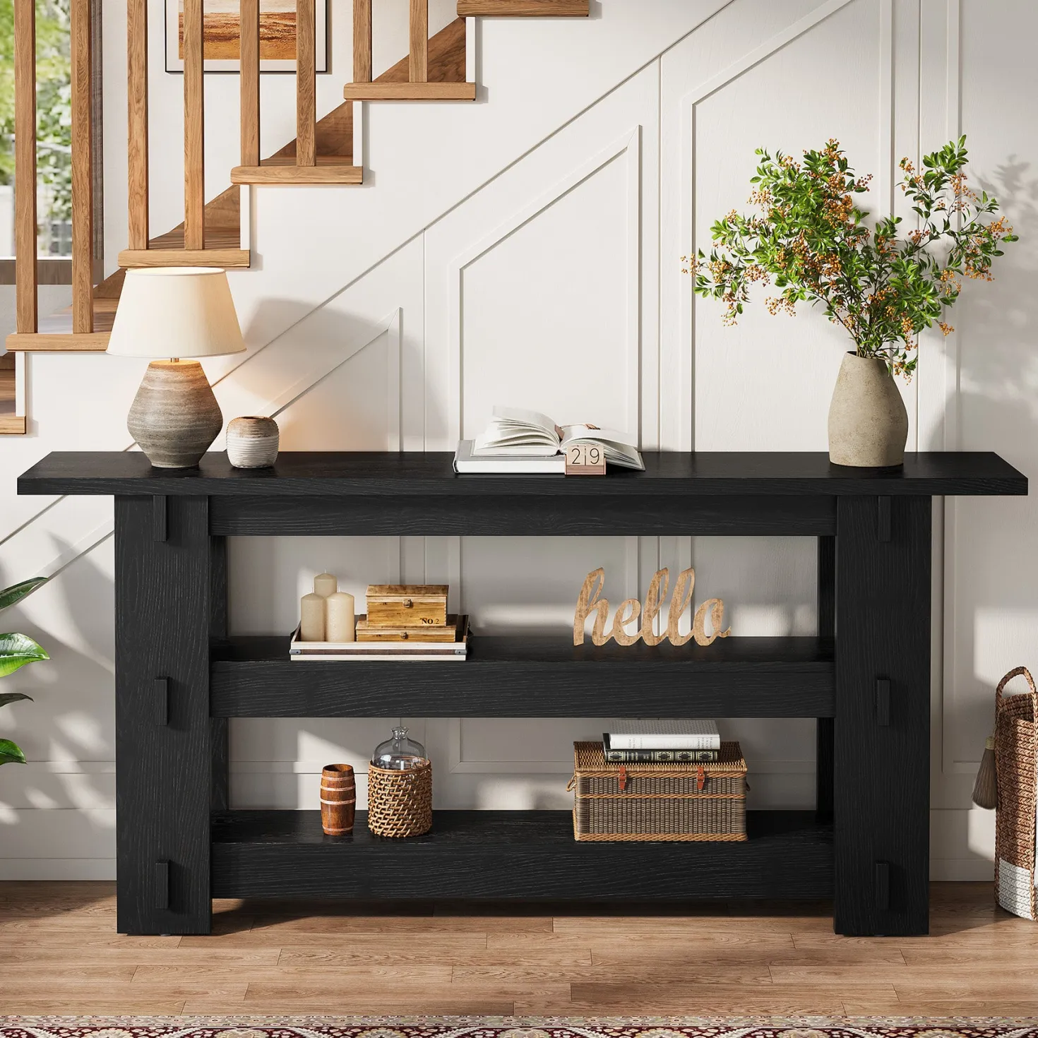 63" Solid Wood Console Table, Farmhouse Sofa Table Behind Couch with 3-Tier Shelves