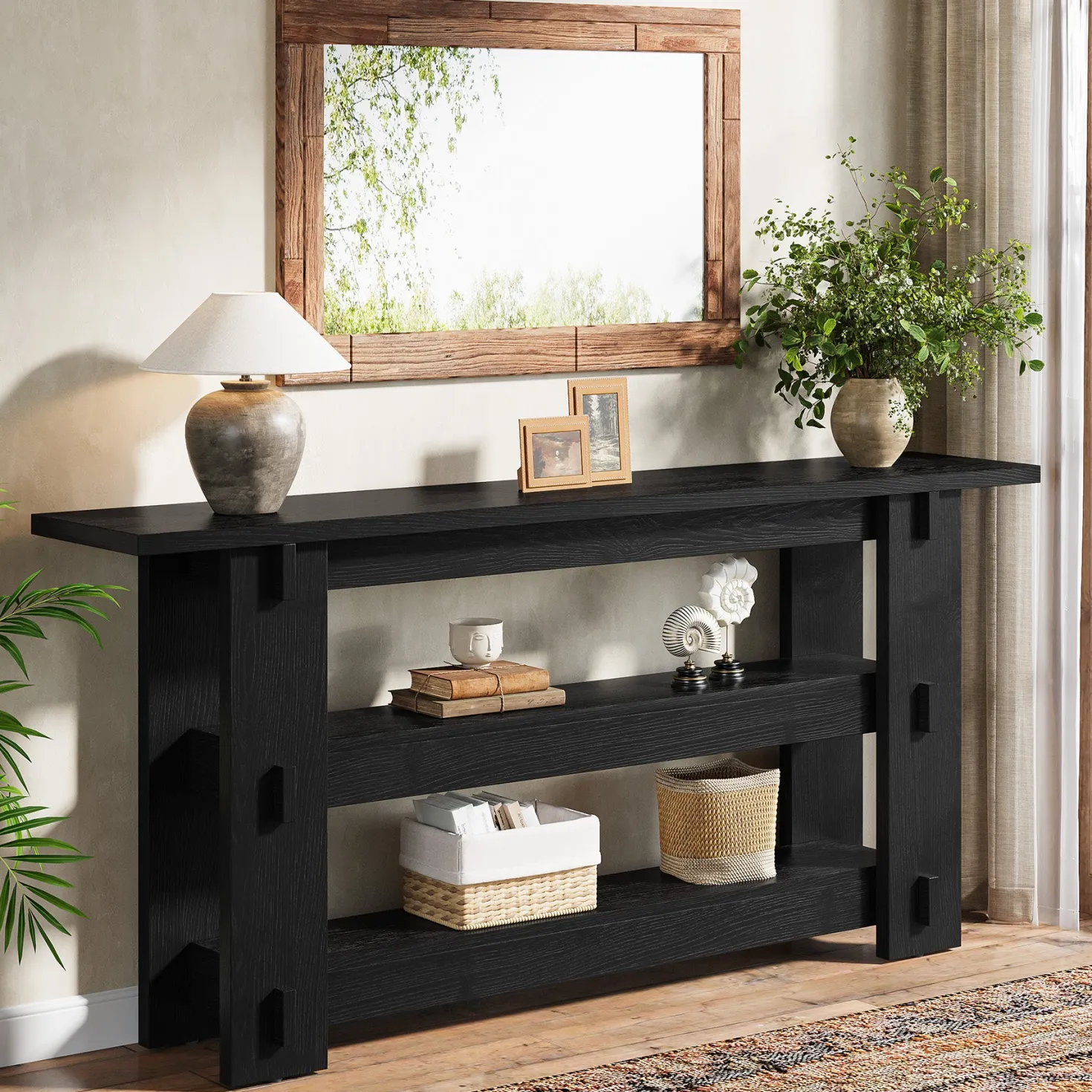63" Solid Wood Console Table, Farmhouse Sofa Table Behind Couch with 3-Tier Shelves