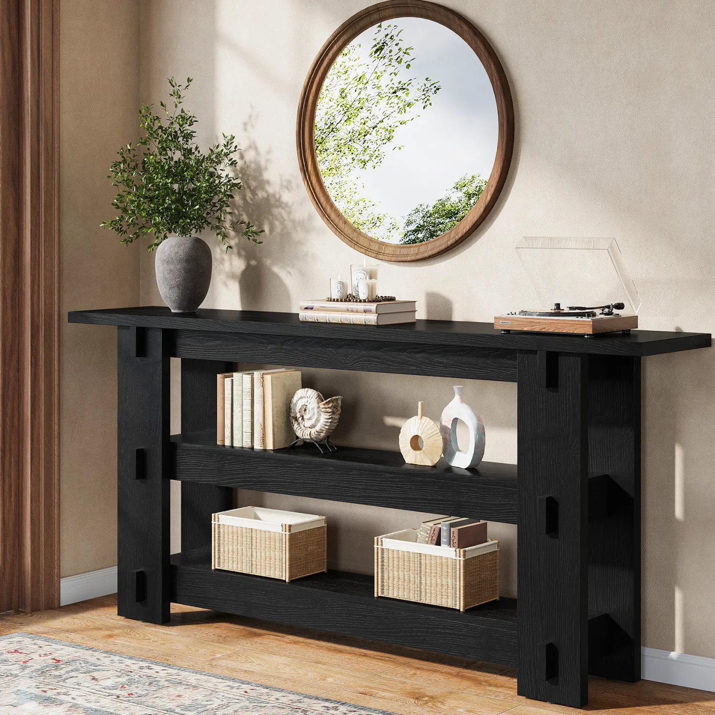 63" Solid Wood Console Table, Farmhouse Sofa Table Behind Couch with 3-Tier Shelves