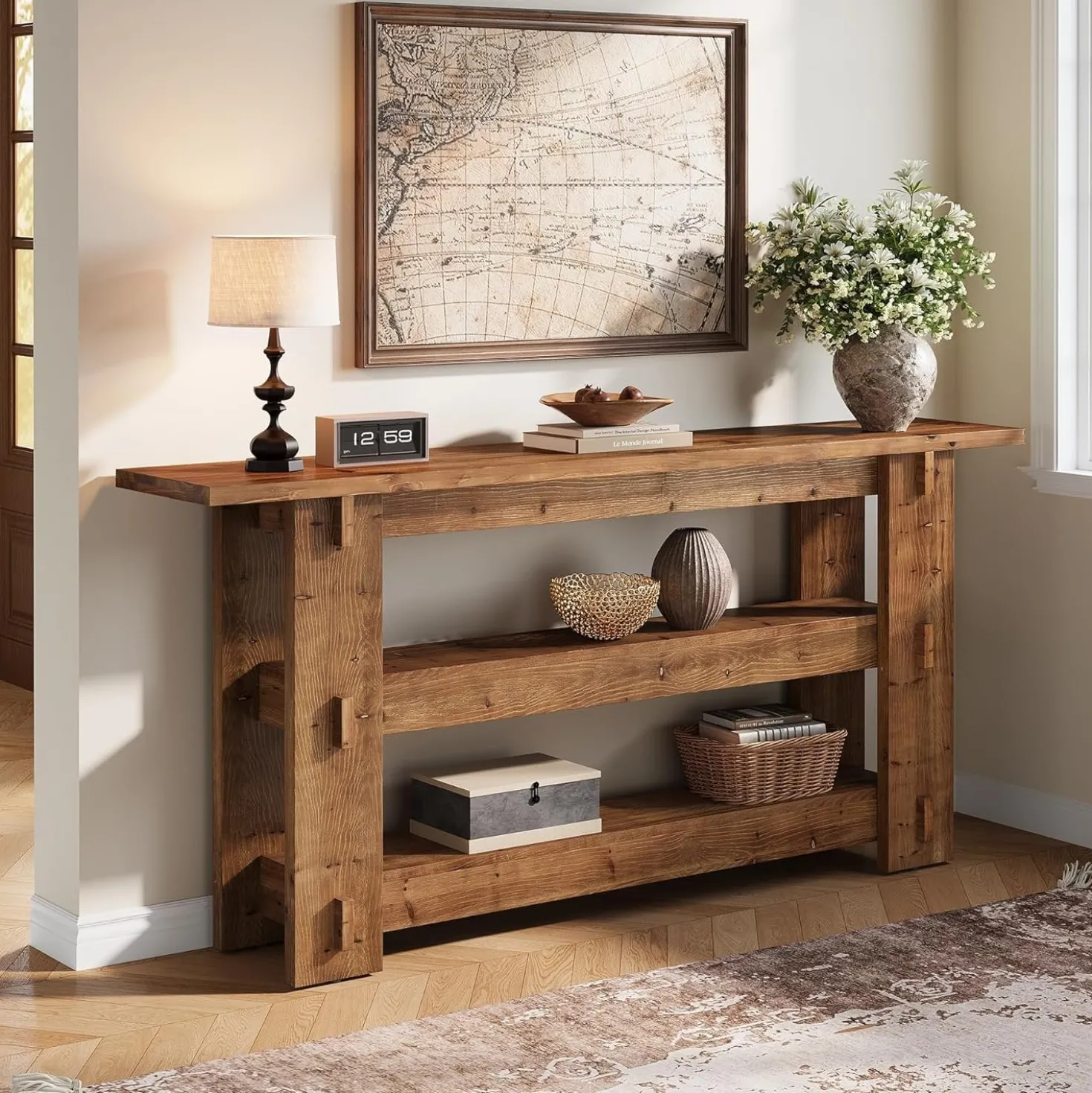 63" Solid Wood Console Table, Farmhouse Sofa Table Behind Couch with 3-Tier Shelves