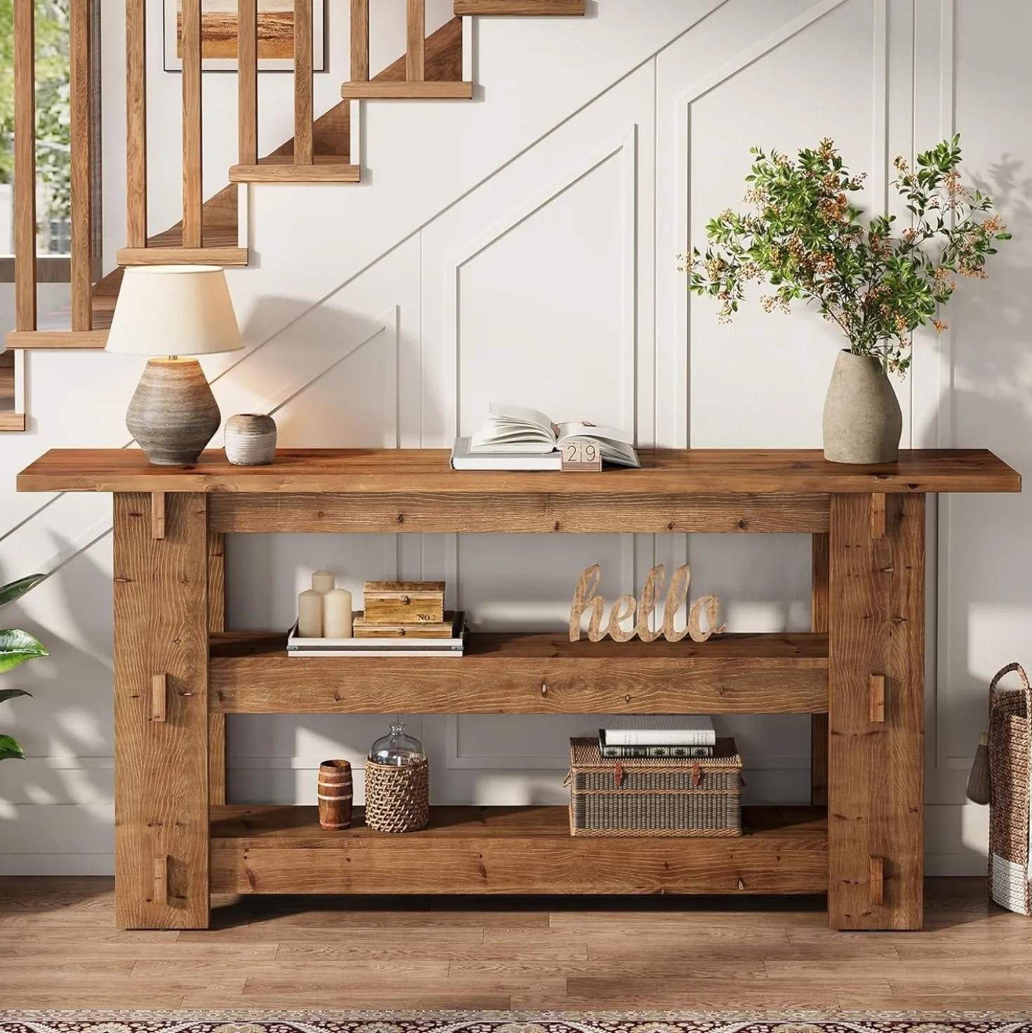 63" Solid Wood Console Table, Farmhouse Sofa Table Behind Couch with 3-Tier Shelves