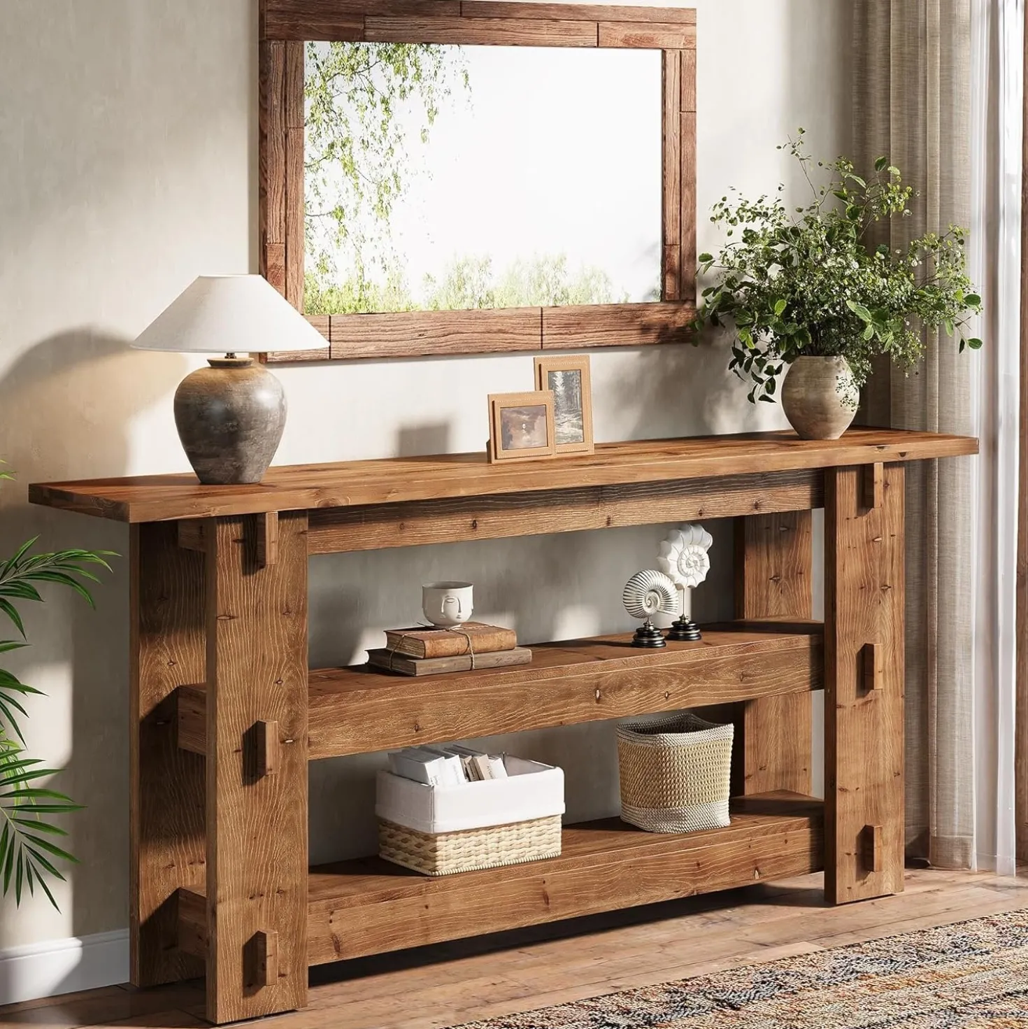 63" Solid Wood Console Table, Farmhouse Sofa Table Behind Couch with 3-Tier Shelves