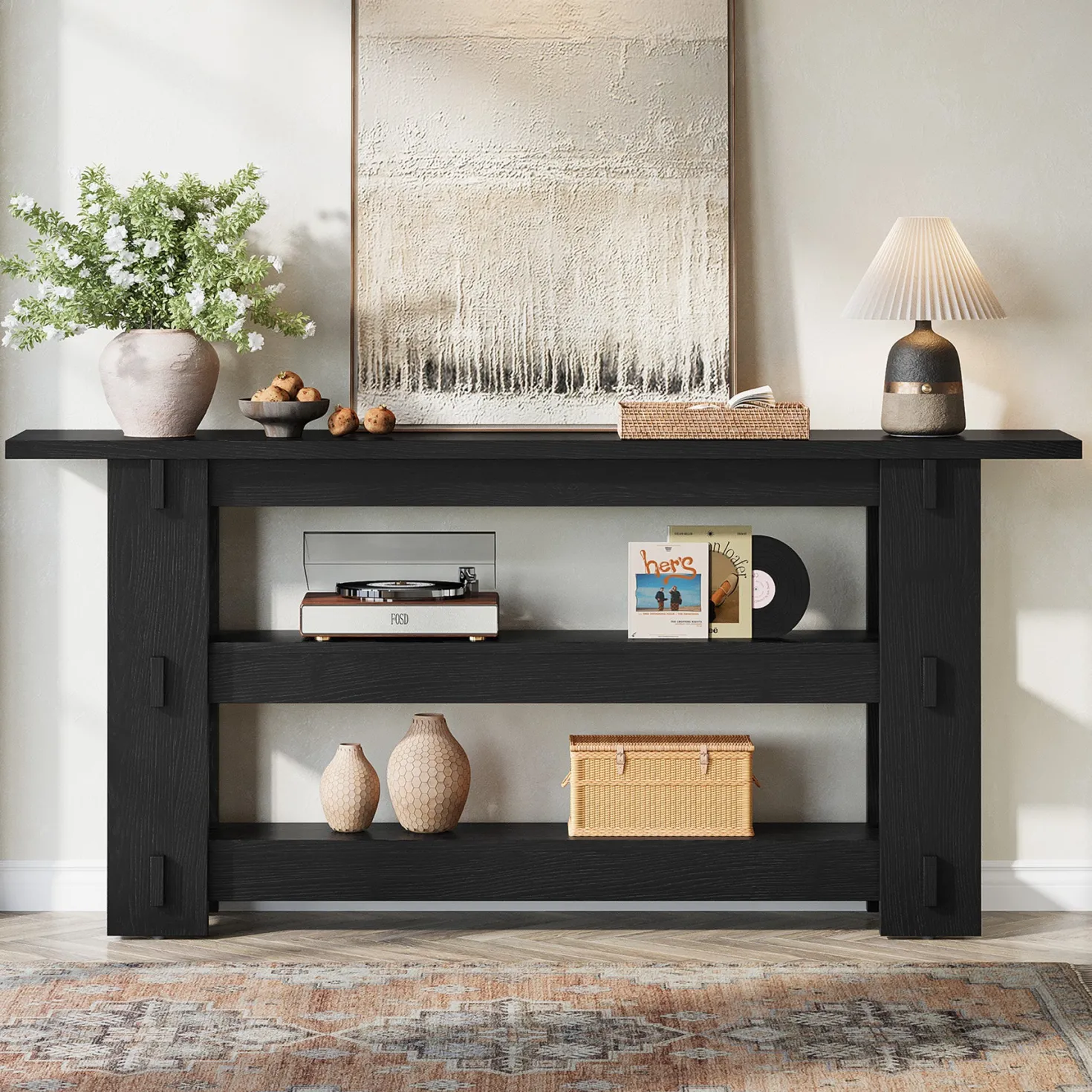 63" Solid Wood Console Table, Farmhouse Sofa Table Behind Couch with 3-Tier Shelves