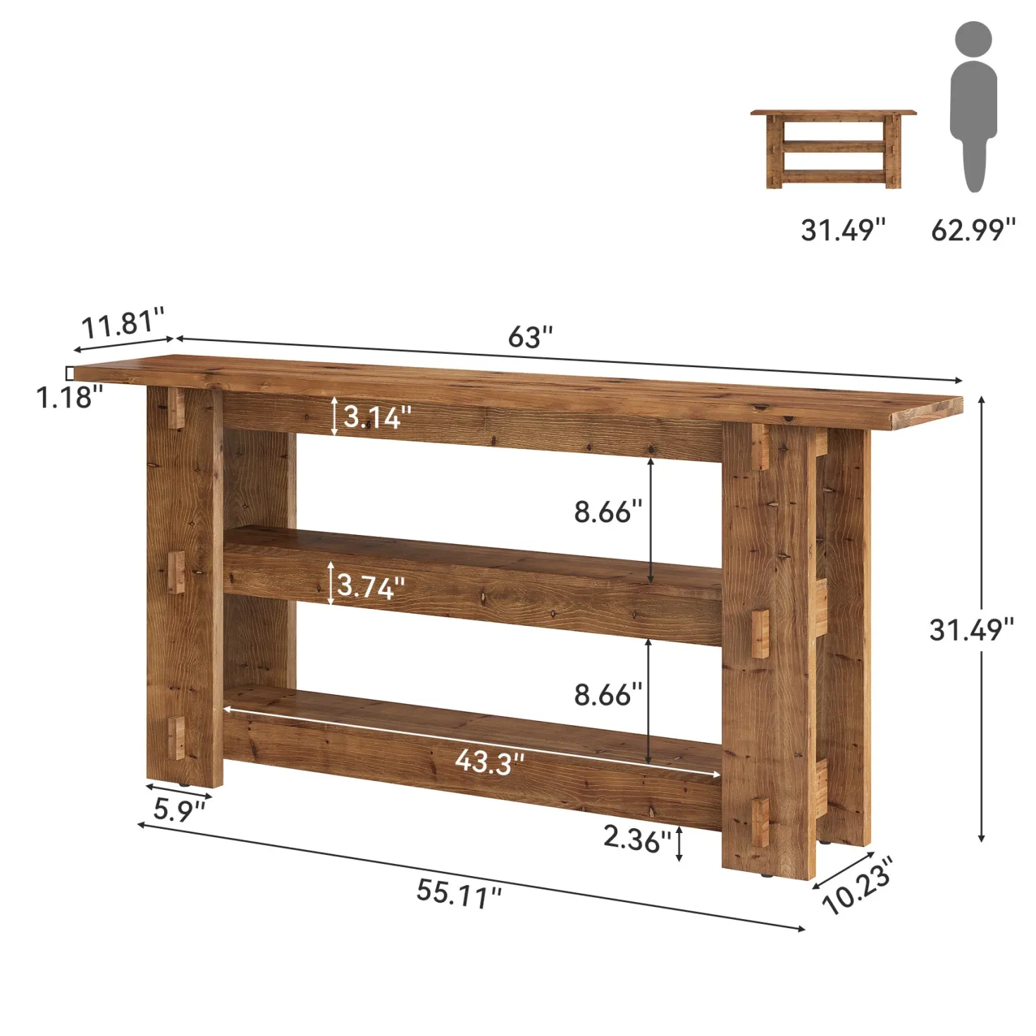 63" Solid Wood Console Table, Farmhouse Sofa Table Behind Couch with 3-Tier Shelves