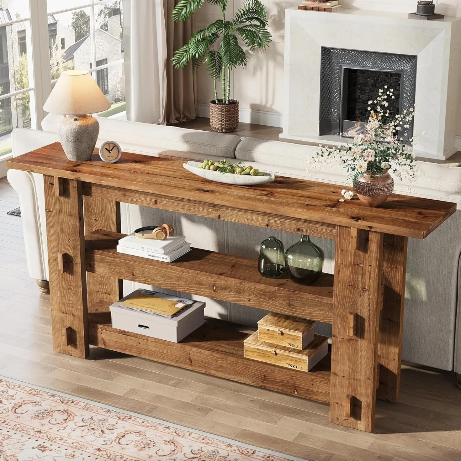 63" Solid Wood Console Table, Farmhouse Sofa Table Behind Couch with 3-Tier Shelves