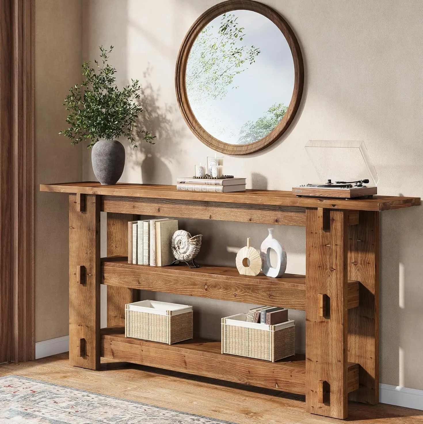 63" Solid Wood Console Table, Farmhouse Sofa Table Behind Couch with 3-Tier Shelves