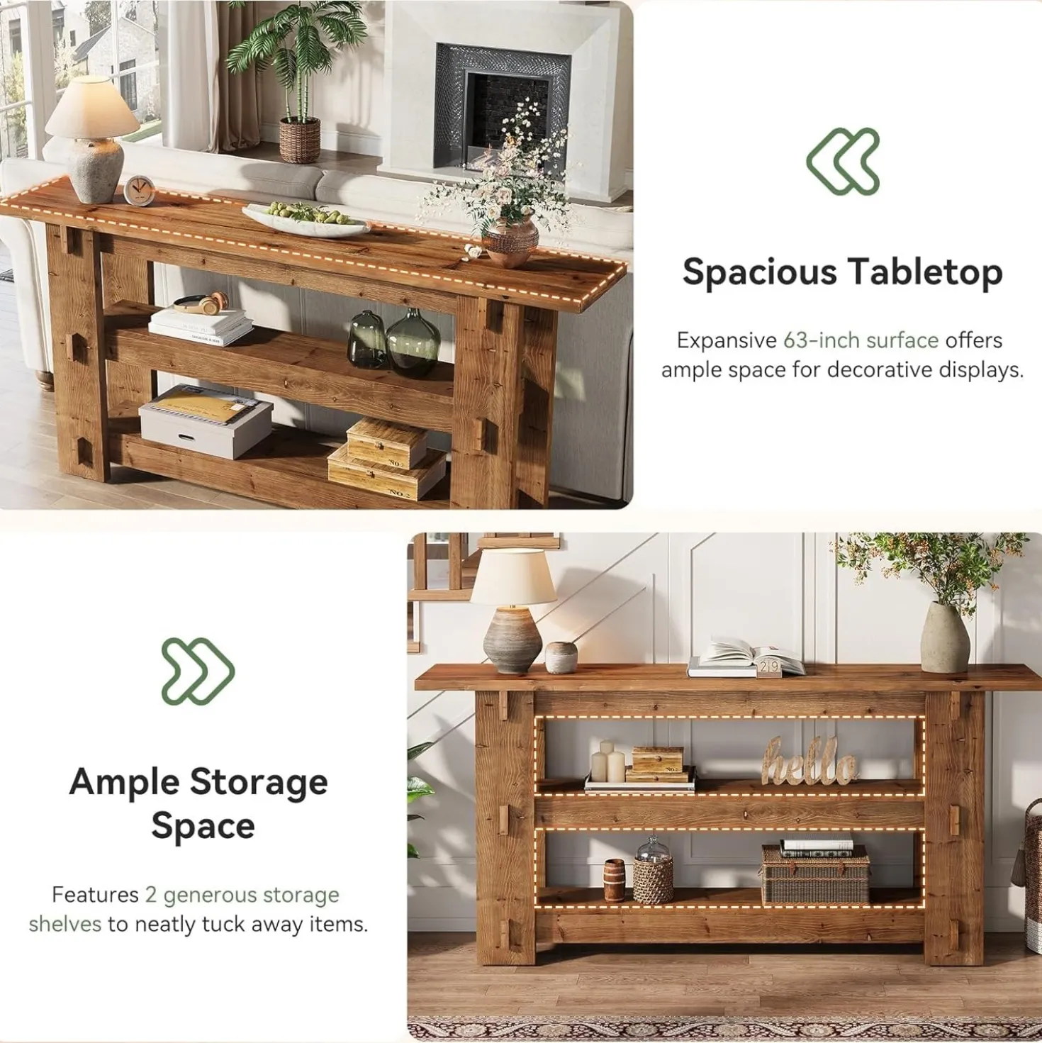 63" Solid Wood Console Table, Farmhouse Sofa Table Behind Couch with 3-Tier Shelves
