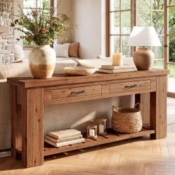 63" Solid Wood Console Table, Entryway Sofa Table with 2 Drawers and Open Slatted Shelf