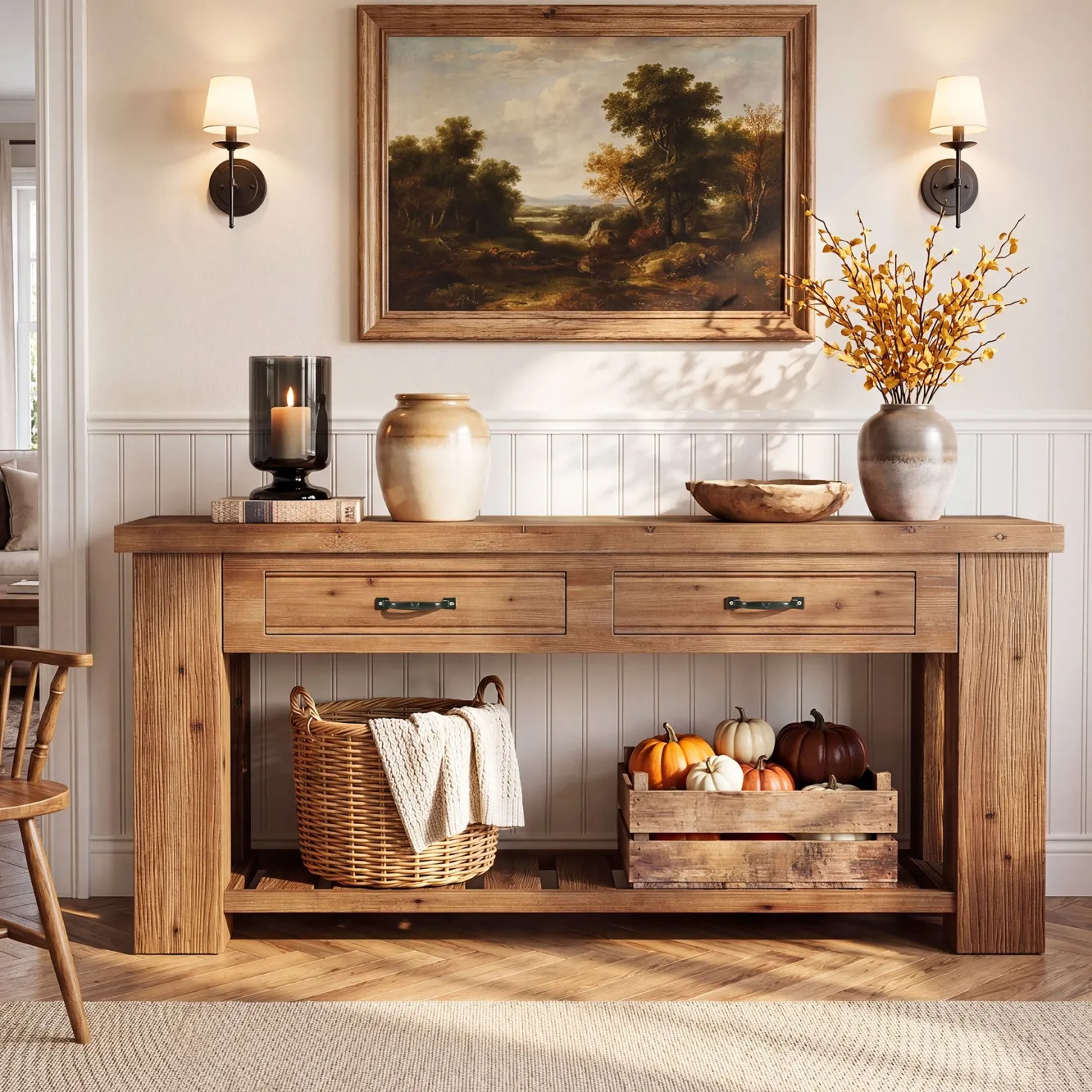 63" Solid Wood Console Table, Entryway Sofa Table with 2 Drawers and Open Slatted Shelf