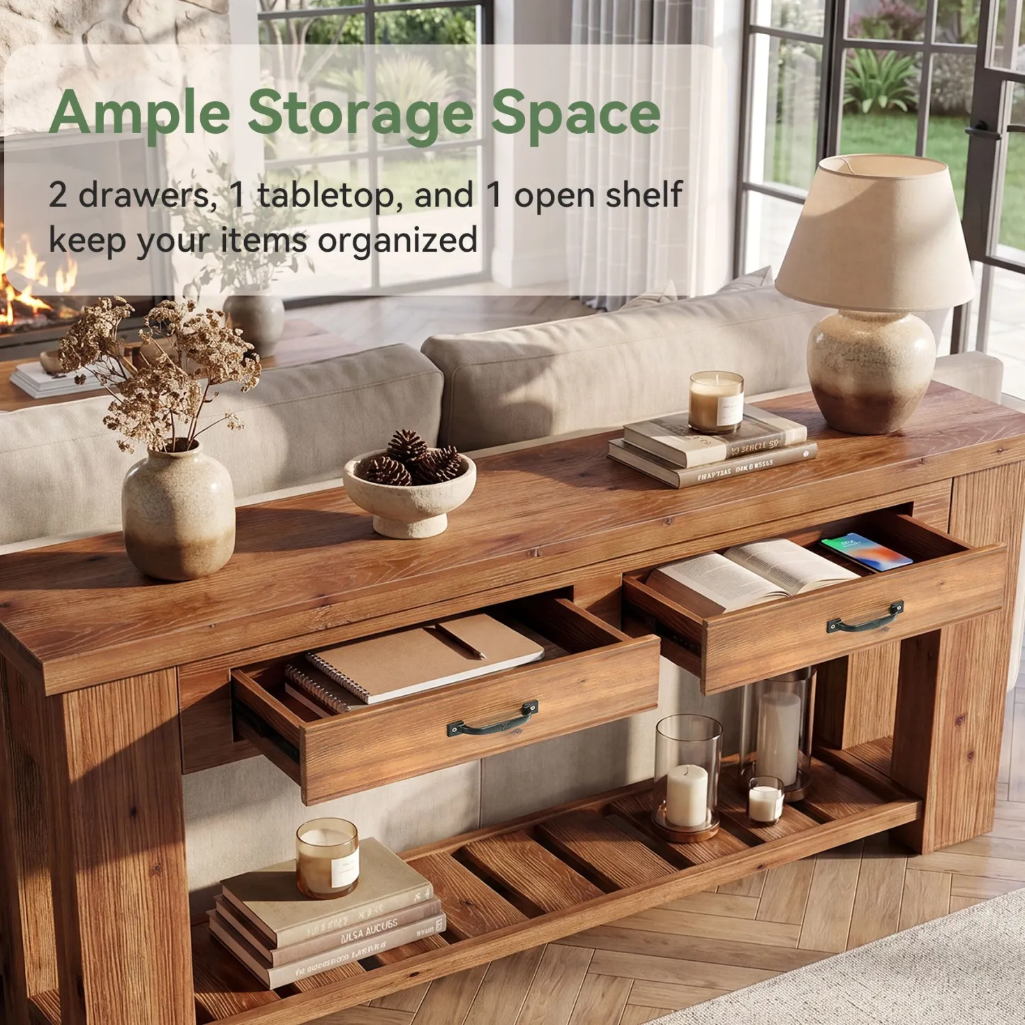 63" Solid Wood Console Table, Entryway Sofa Table with 2 Drawers and Open Slatted Shelf