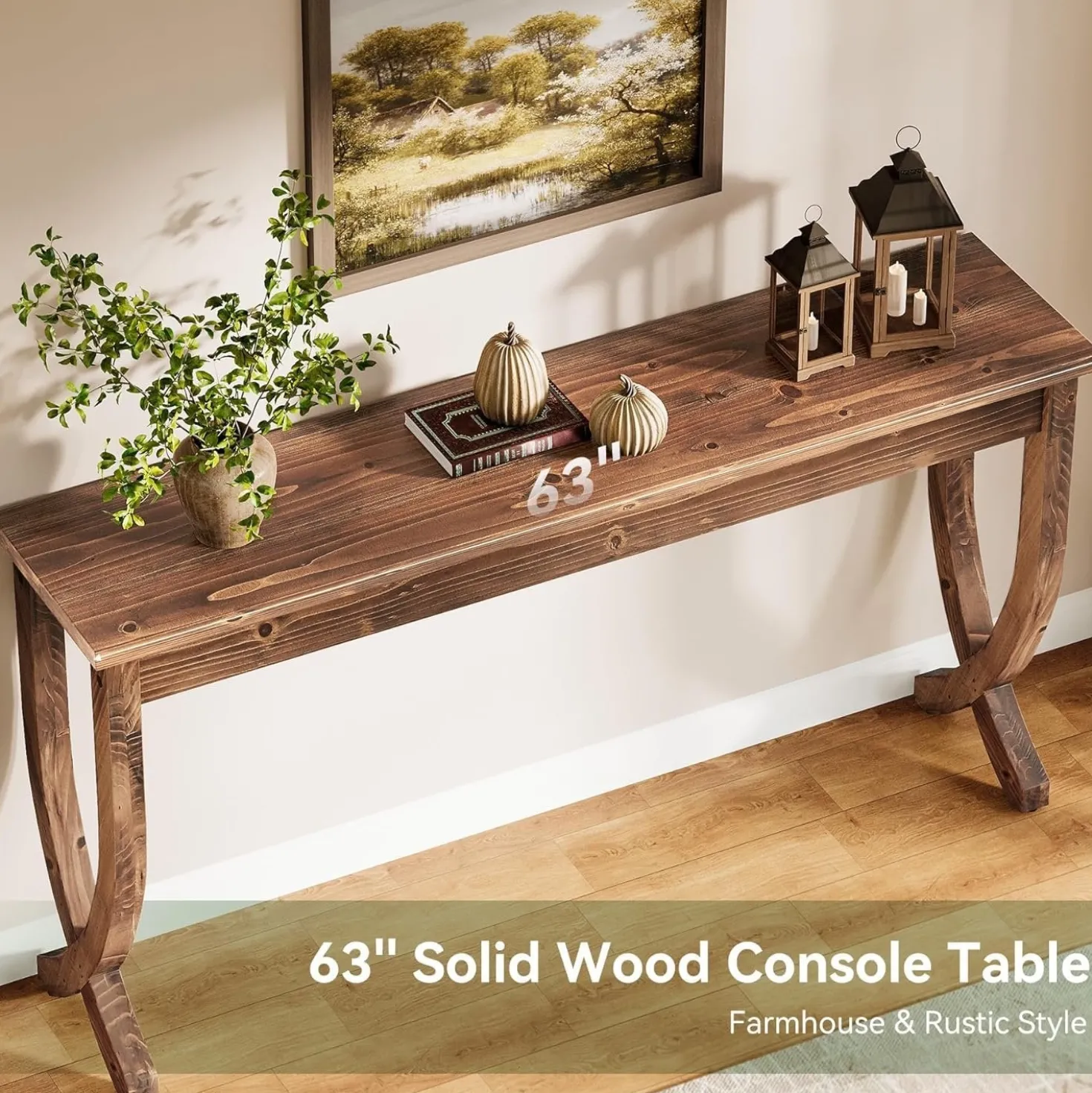 63" Solid Wood Console Table, Farmhouse Entryway Table for Living Room
