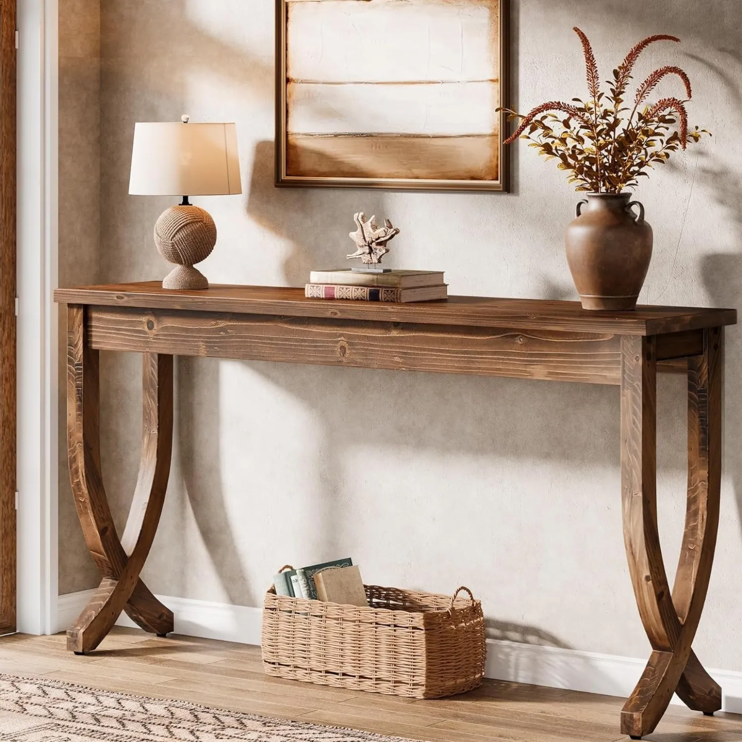 63" Solid Wood Console Table, Farmhouse Entryway Table for Living Room