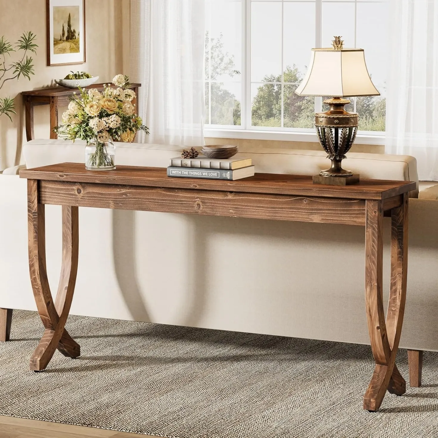 63" Solid Wood Console Table, Farmhouse Entryway Table for Living Room