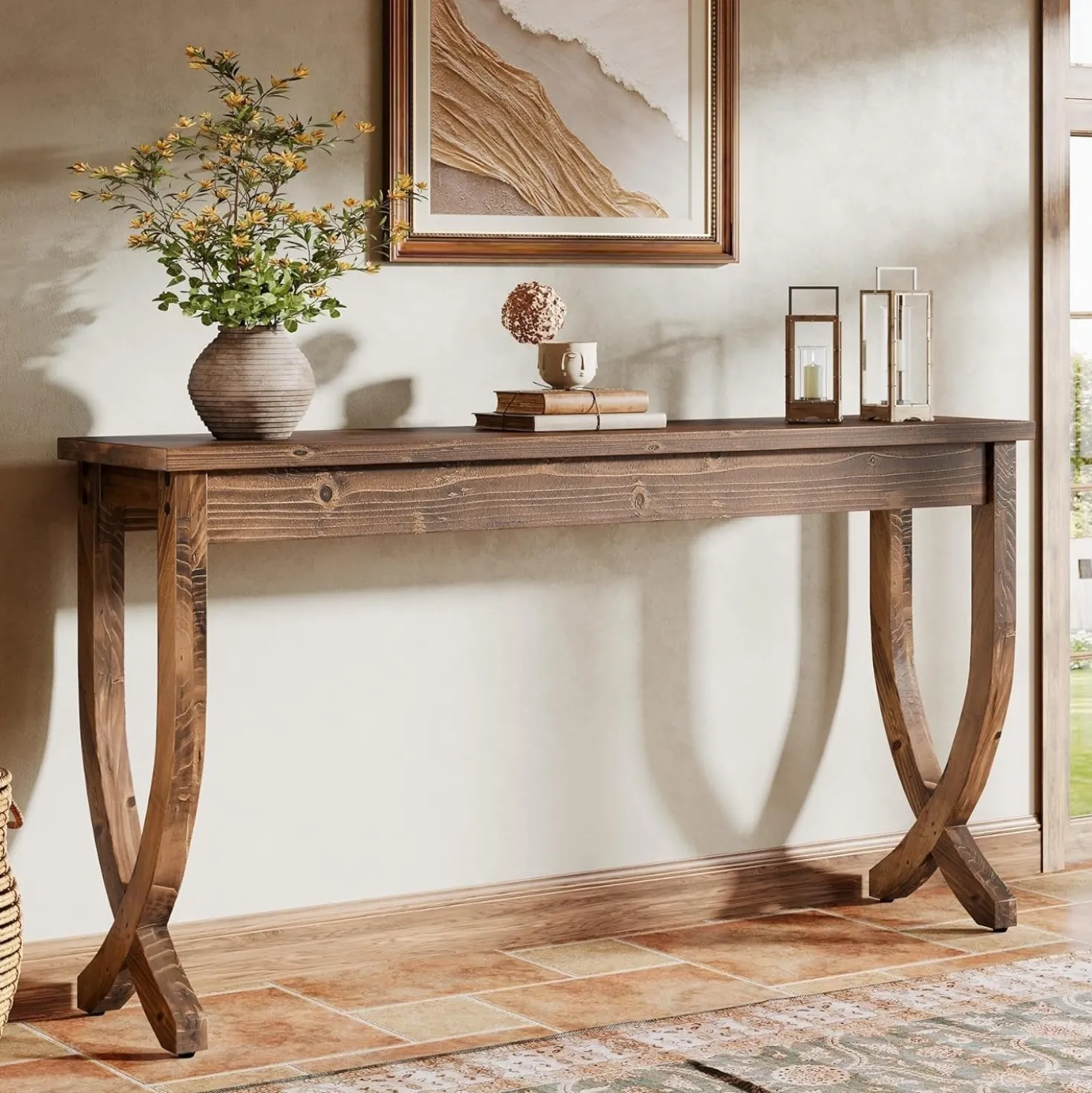 63" Solid Wood Console Table, Farmhouse Entryway Table for Living Room