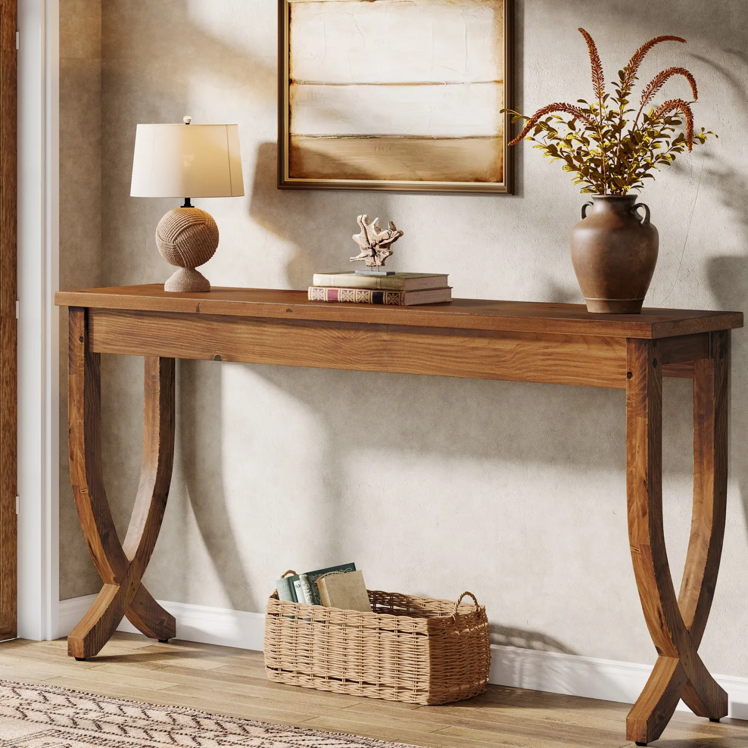 63" Solid Wood Console Table, Farmhouse Entryway Table for Living Room