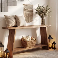 63" Solid Wood Console Table with Shelf, Farmhouse Narrow Entryway & Sofa Table