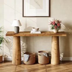 63" Solid Wood Console Table, Farmhouse Entryway Table with Cylindrical Legs