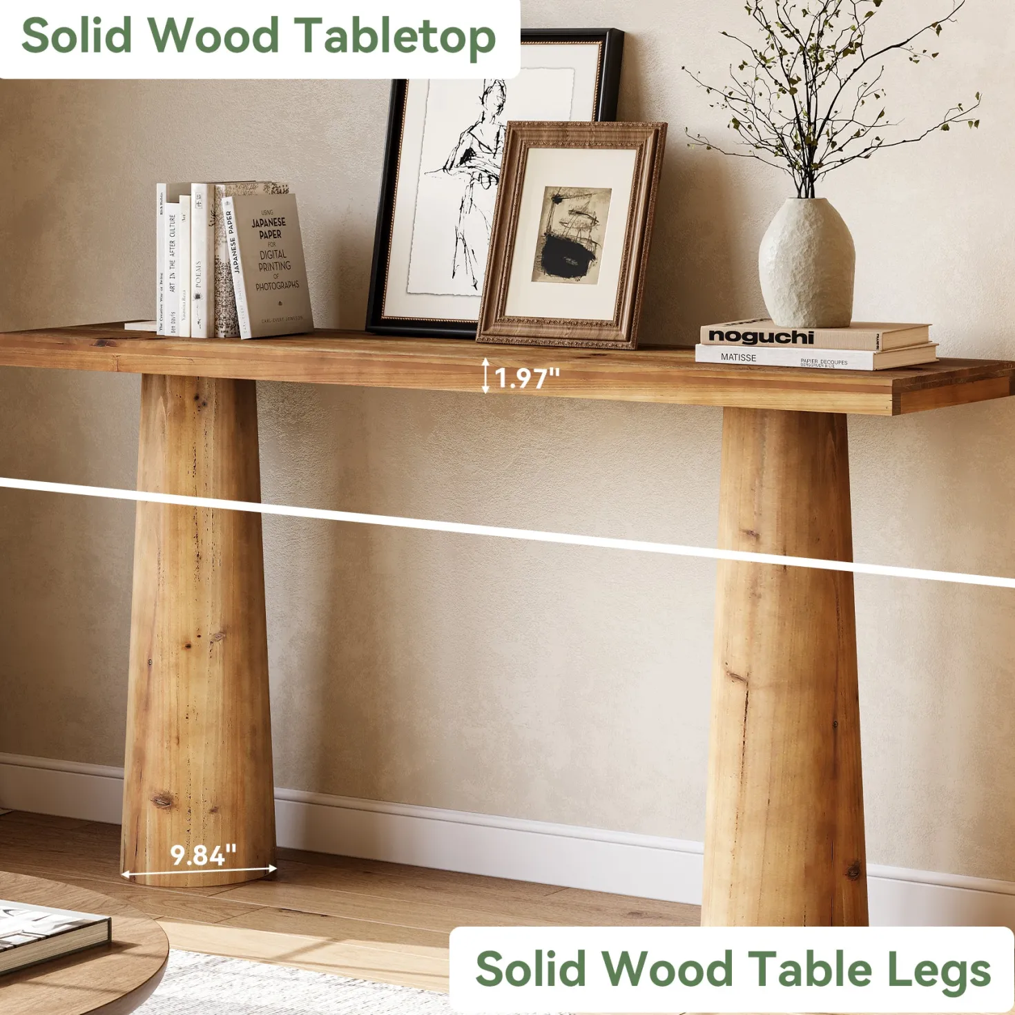 63" Solid Wood Console Table, Farmhouse Entryway Table with Cylindrical Legs