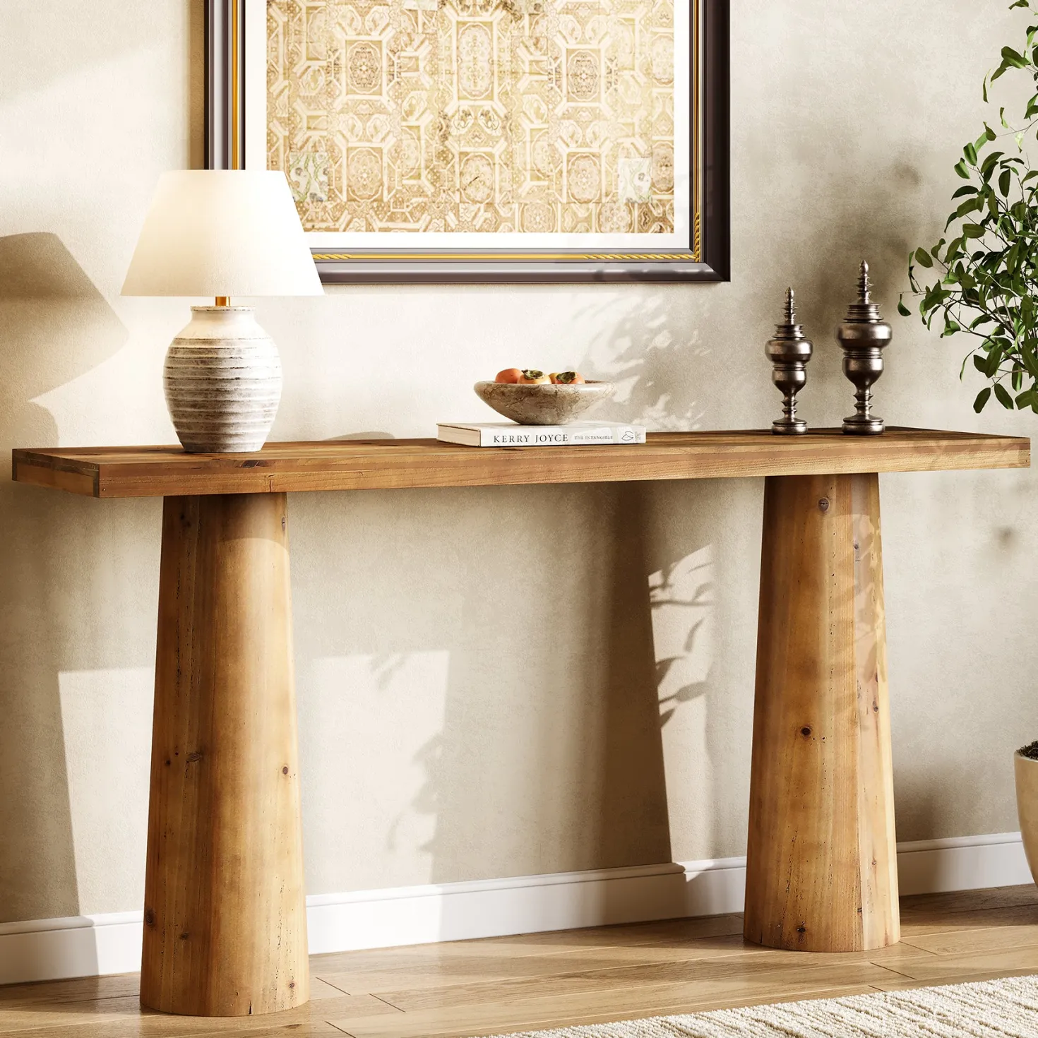63" Solid Wood Console Table, Farmhouse Entryway Table with Cylindrical Legs