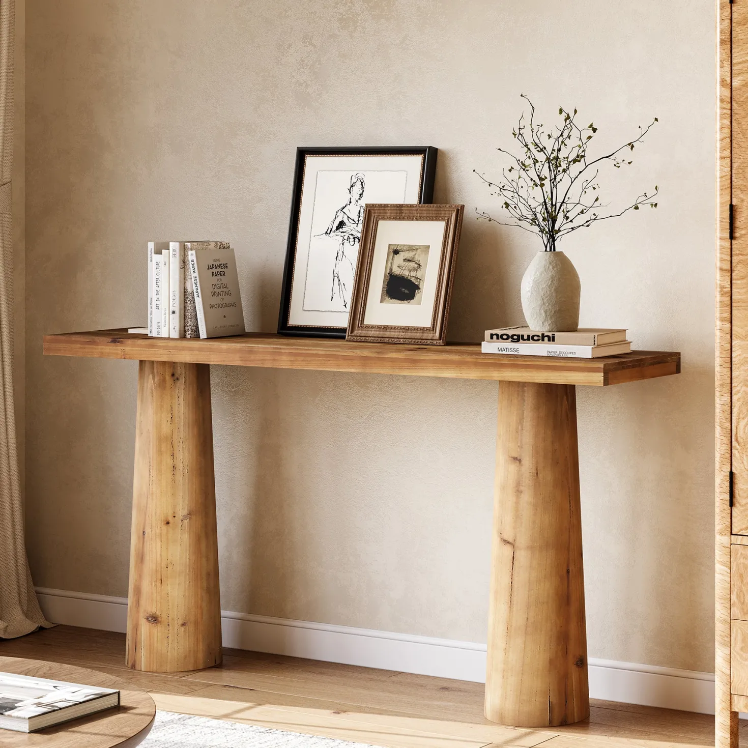 63" Solid Wood Console Table, Farmhouse Entryway Table with Cylindrical Legs
