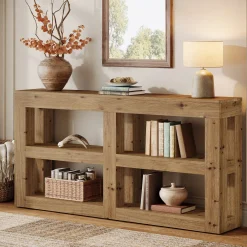 63" Solid Wood Console Table with Storage, 3-Tier Farmhouse Entryway & Sofa Table with Open Shelves