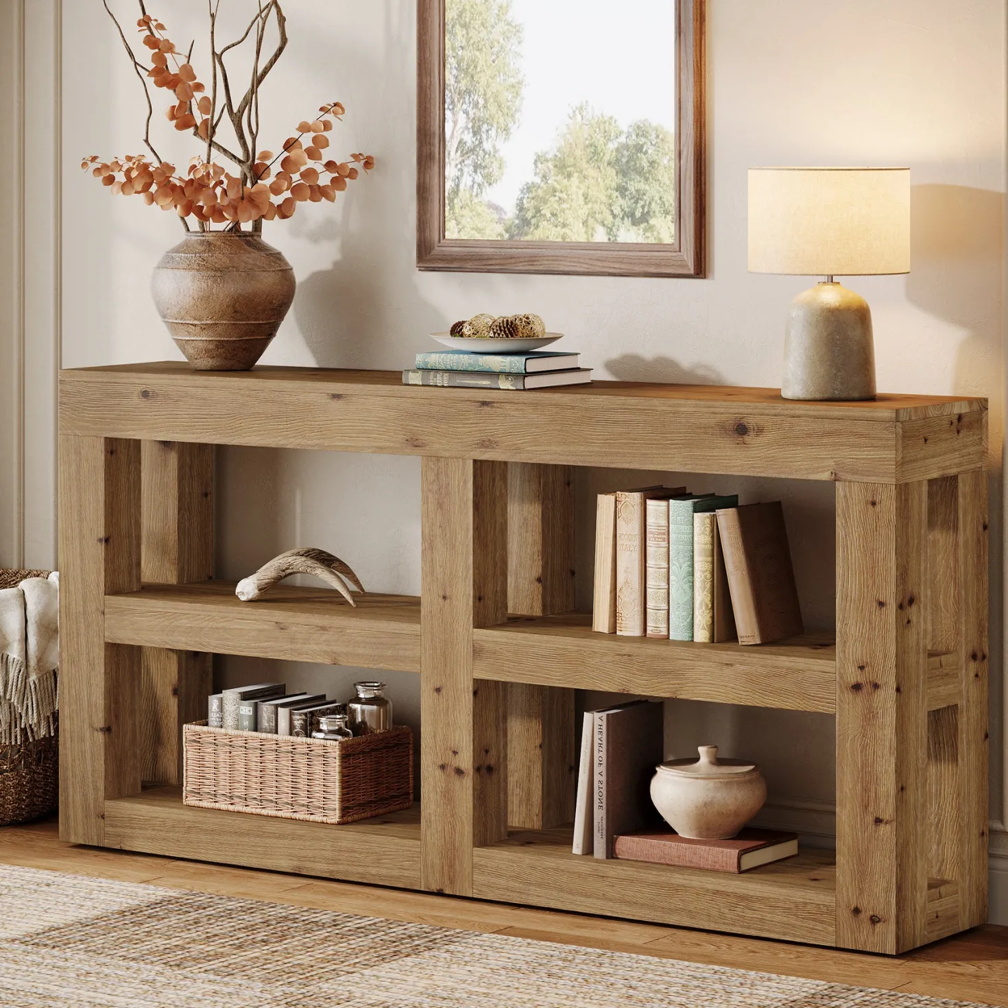 63" Solid Wood Console Table with Storage, 3-Tier Farmhouse Entryway & Sofa Table with Open Shelves