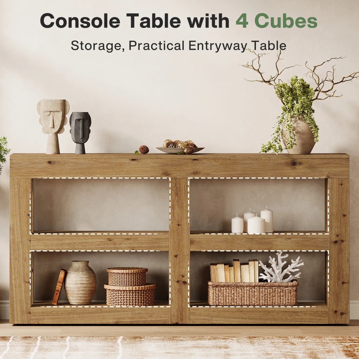 63" Solid Wood Console Table with Storage, 3-Tier Farmhouse Entryway & Sofa Table with Open Shelves