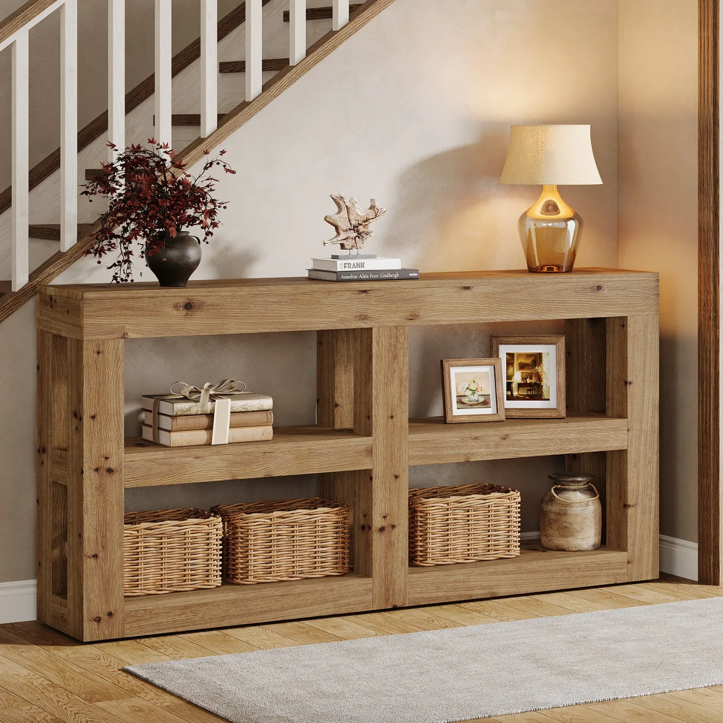 63" Solid Wood Console Table with Storage, 3-Tier Farmhouse Entryway & Sofa Table with Open Shelves