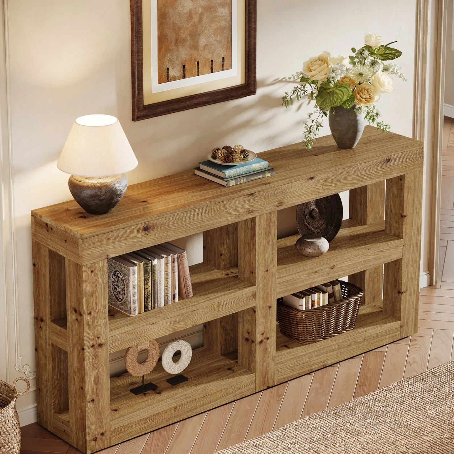 63" Solid Wood Console Table with Storage, 3-Tier Farmhouse Entryway & Sofa Table with Open Shelves