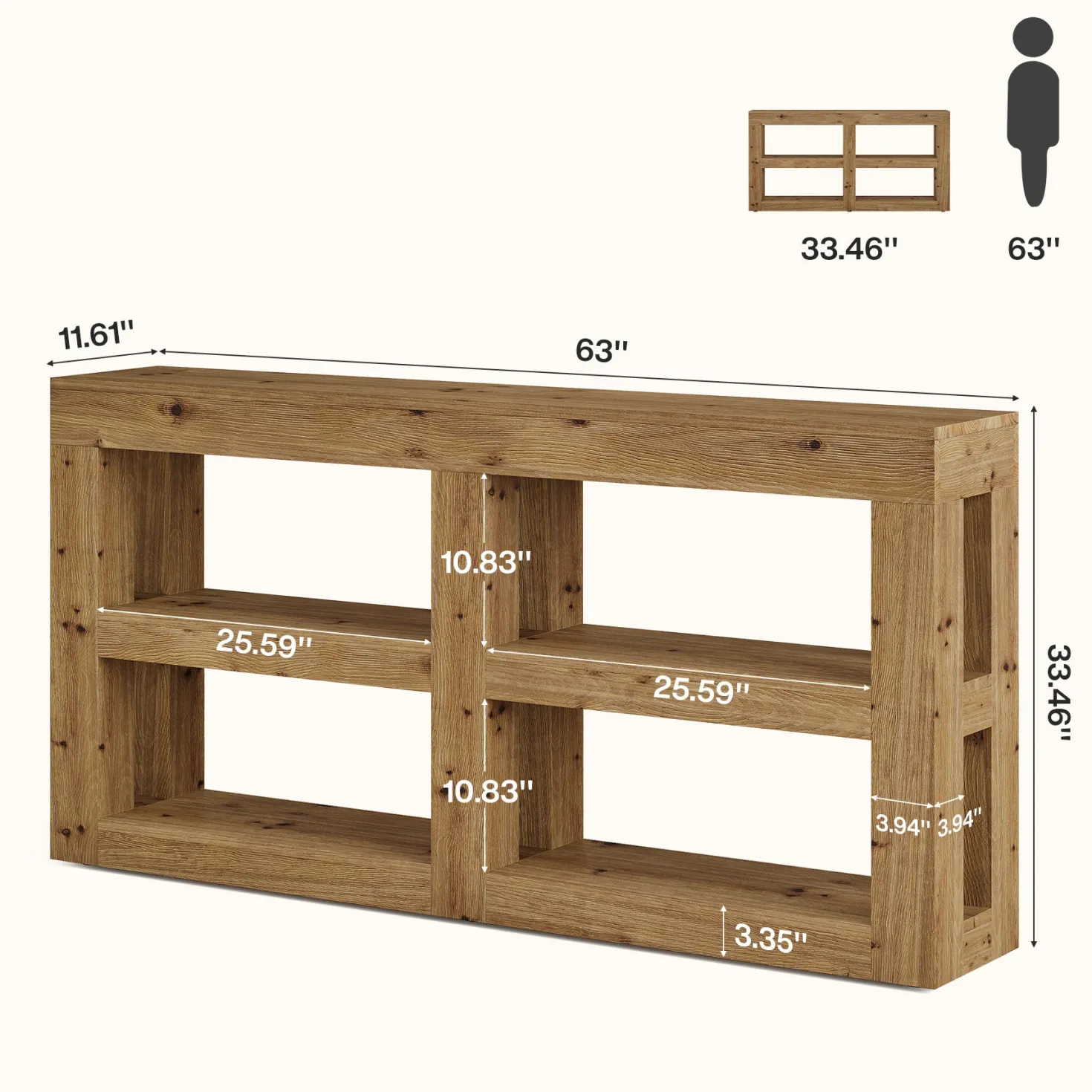 63" Solid Wood Console Table with Storage, 3-Tier Farmhouse Entryway & Sofa Table with Open Shelves
