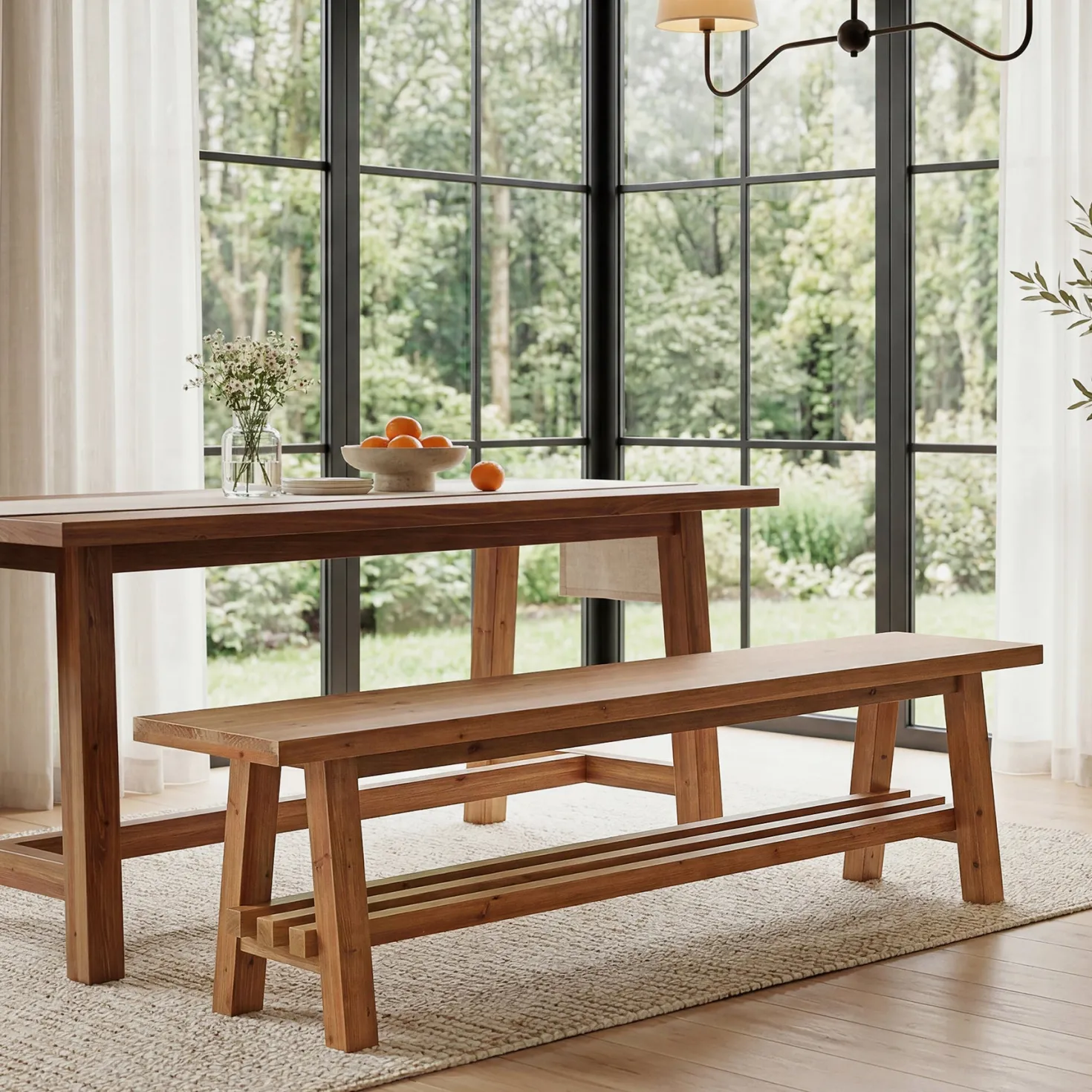 55" Solid Wood Dining Bench, 2-Tier Kitchen Dining Seat for Dining Room