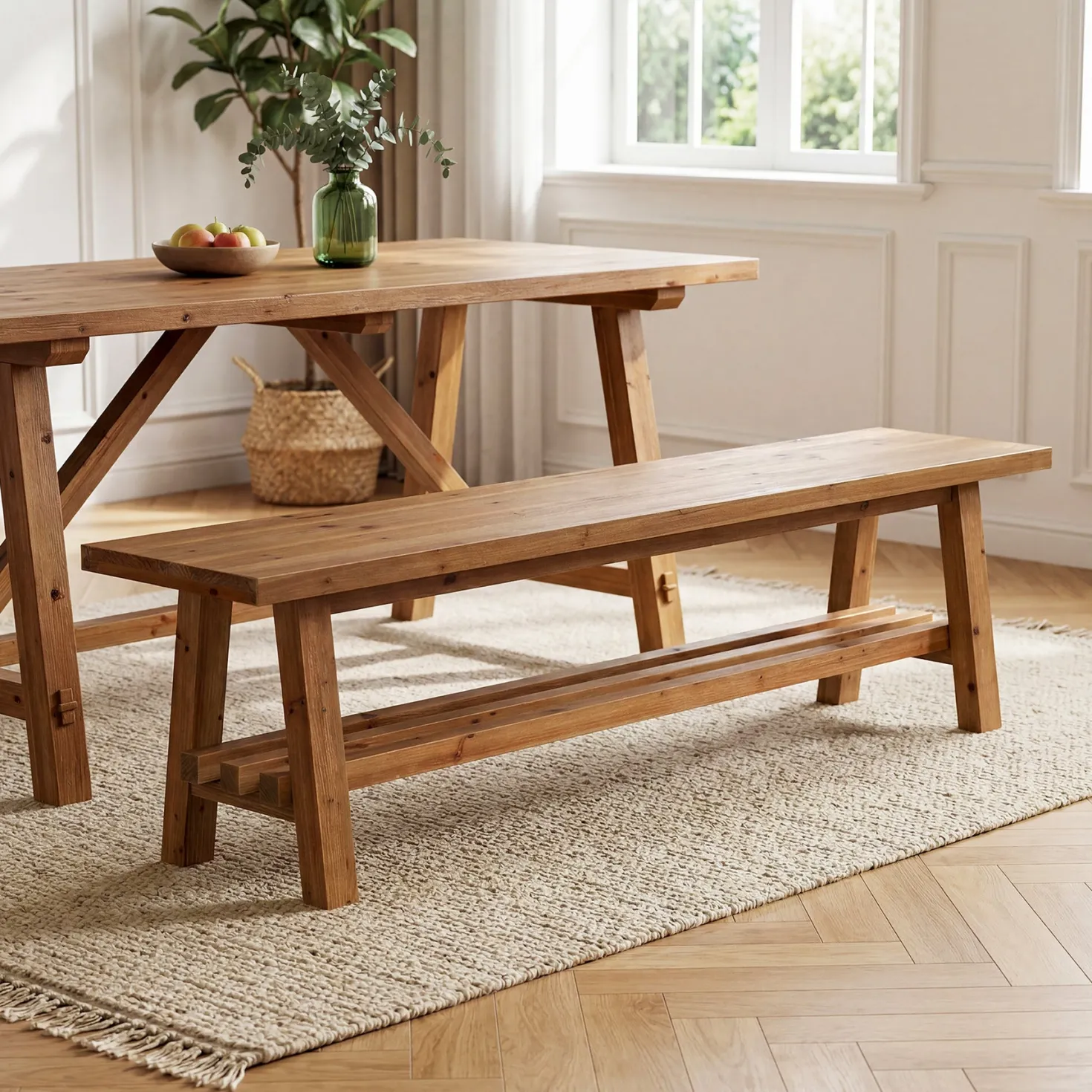 55" Solid Wood Dining Bench, 2-Tier Kitchen Dining Seat for Dining Room