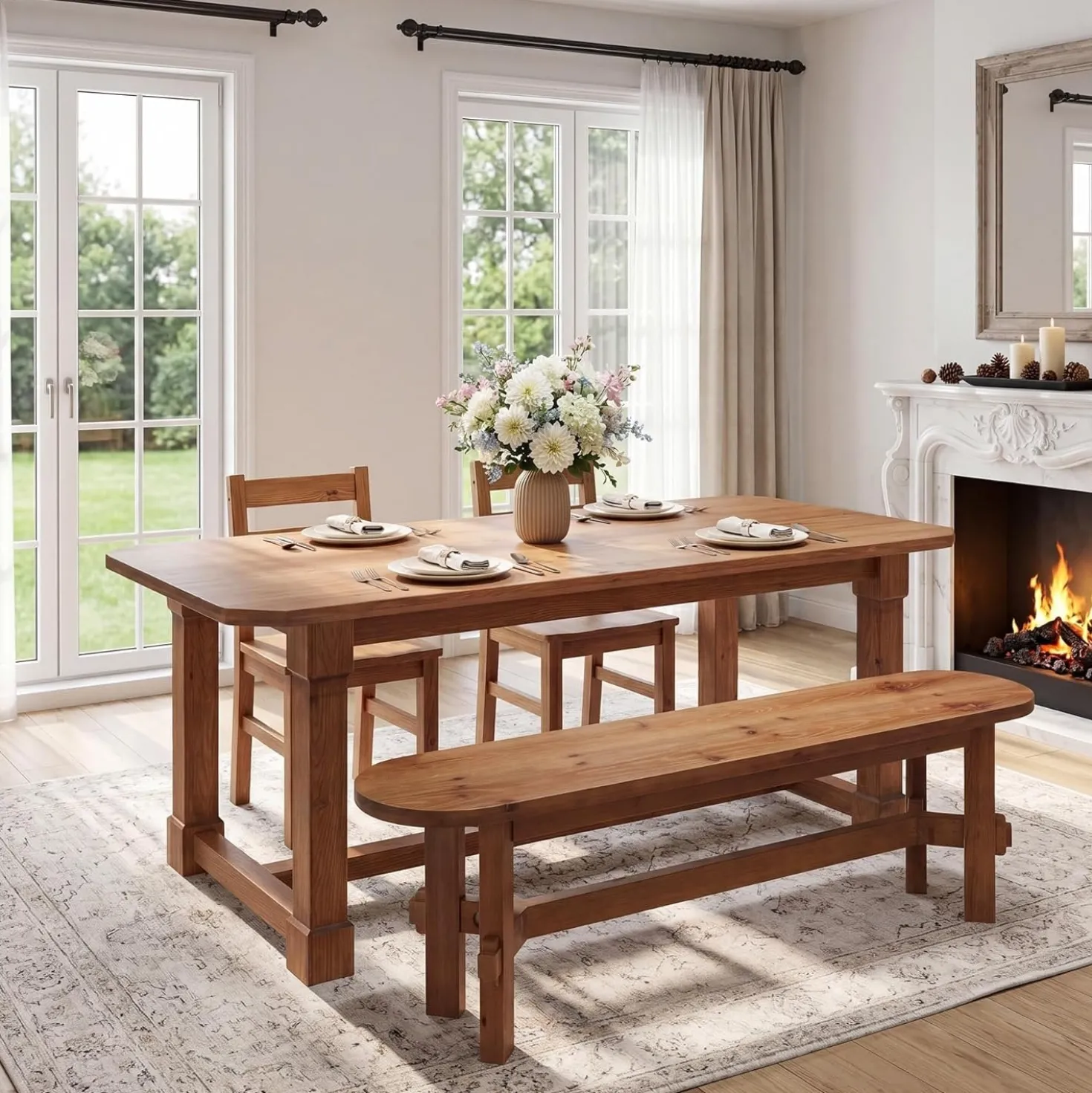 55" Solid Wood Dining Bench, Indoor Bench for Dining Table & Living Room