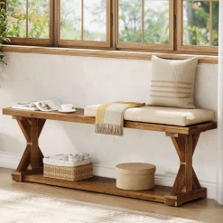 59" Solid Wood Dining Bench, 2-Tier Wooden Storage Bench for Dining Room