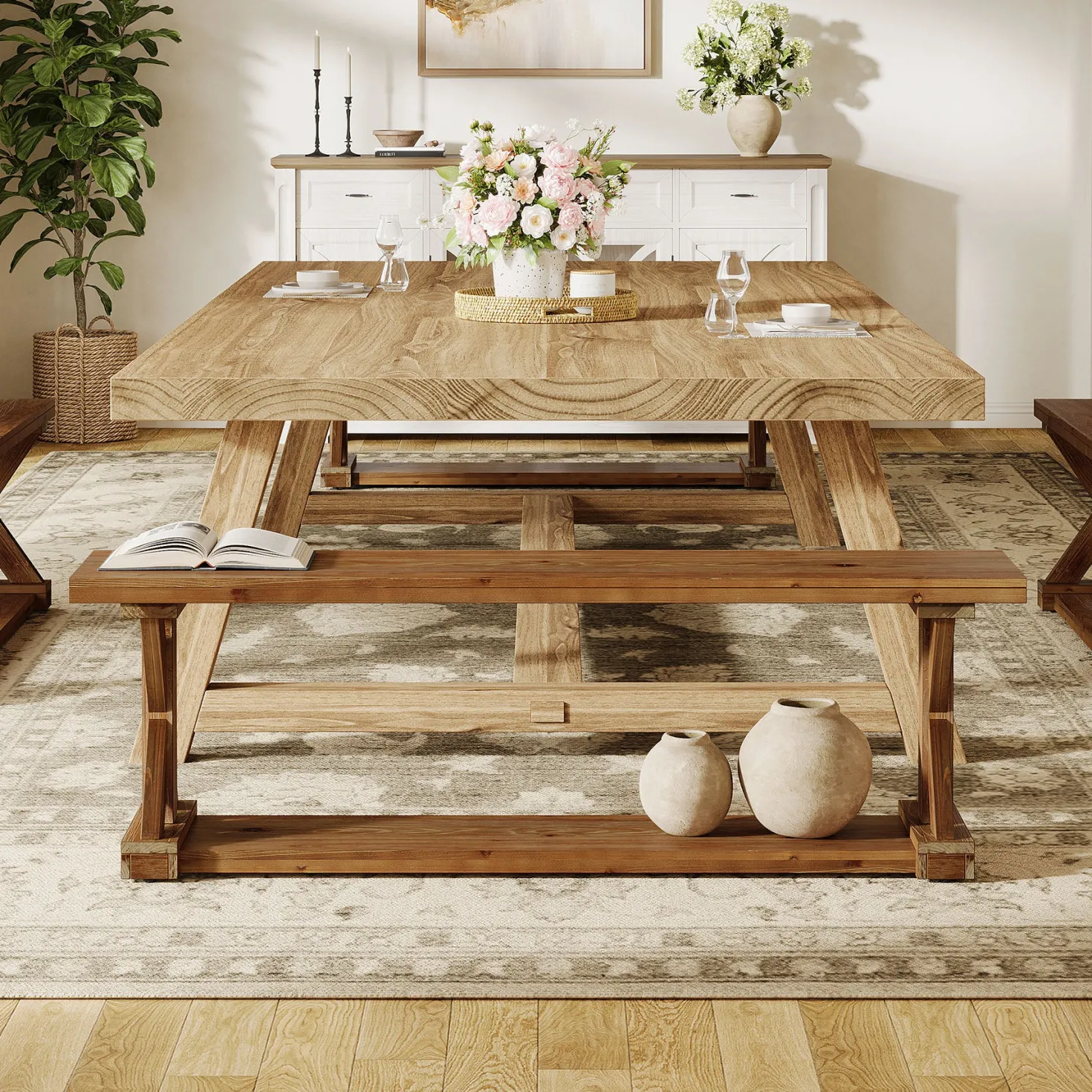 59" Solid Wood Dining Bench, 2-Tier Wooden Storage Bench for Dining Room
