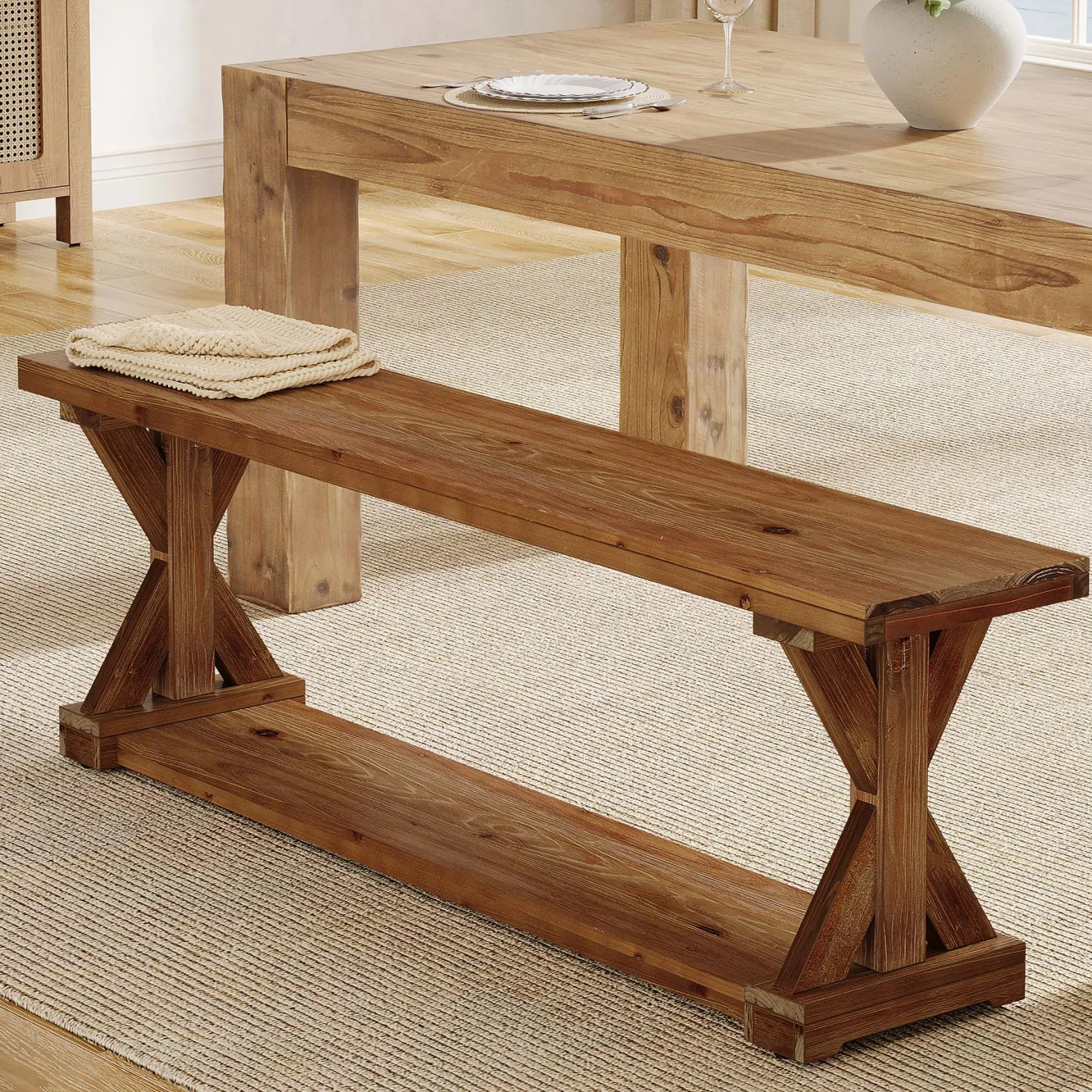59" Solid Wood Dining Bench, 2-Tier Wooden Storage Bench for Dining Room