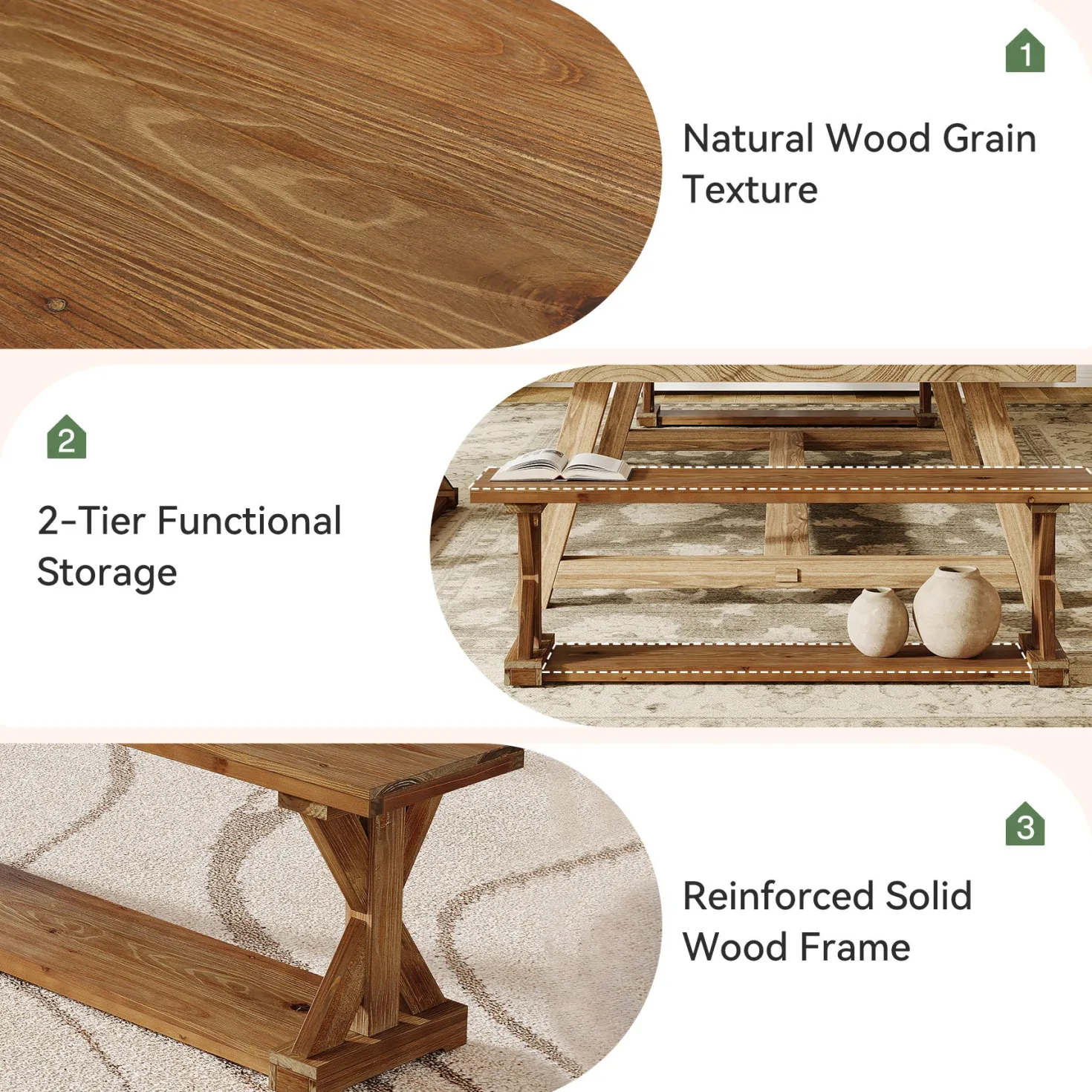 59" Solid Wood Dining Bench, 2-Tier Wooden Storage Bench for Dining Room