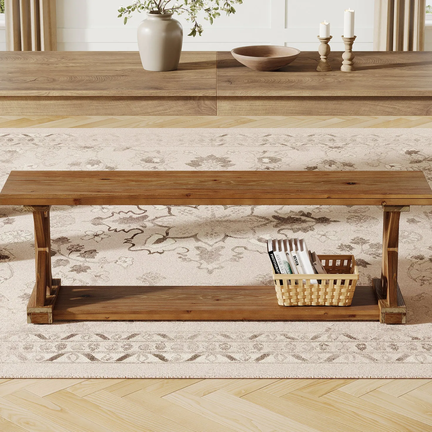 59" Solid Wood Dining Bench, 2-Tier Wooden Storage Bench for Dining Room