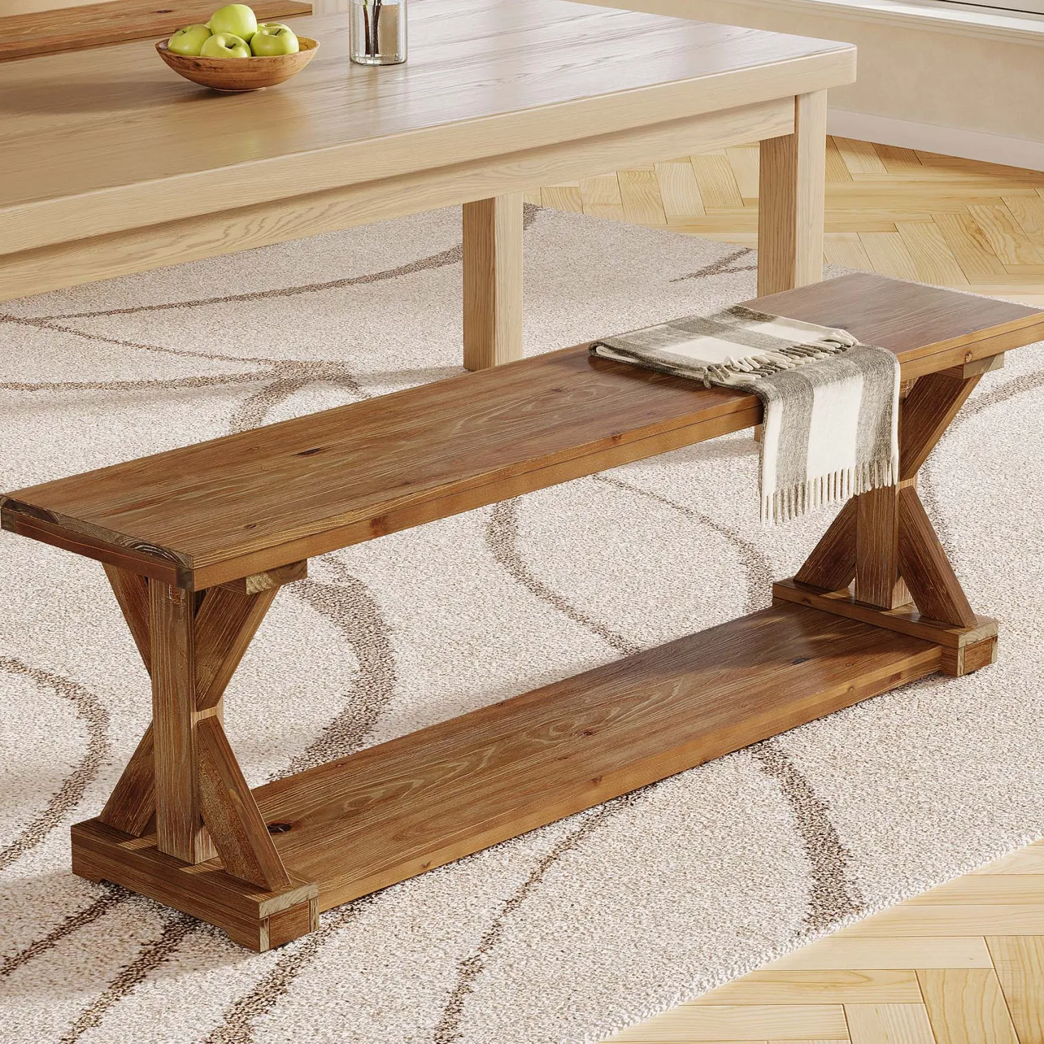 59" Solid Wood Dining Bench, 2-Tier Wooden Storage Bench for Dining Room