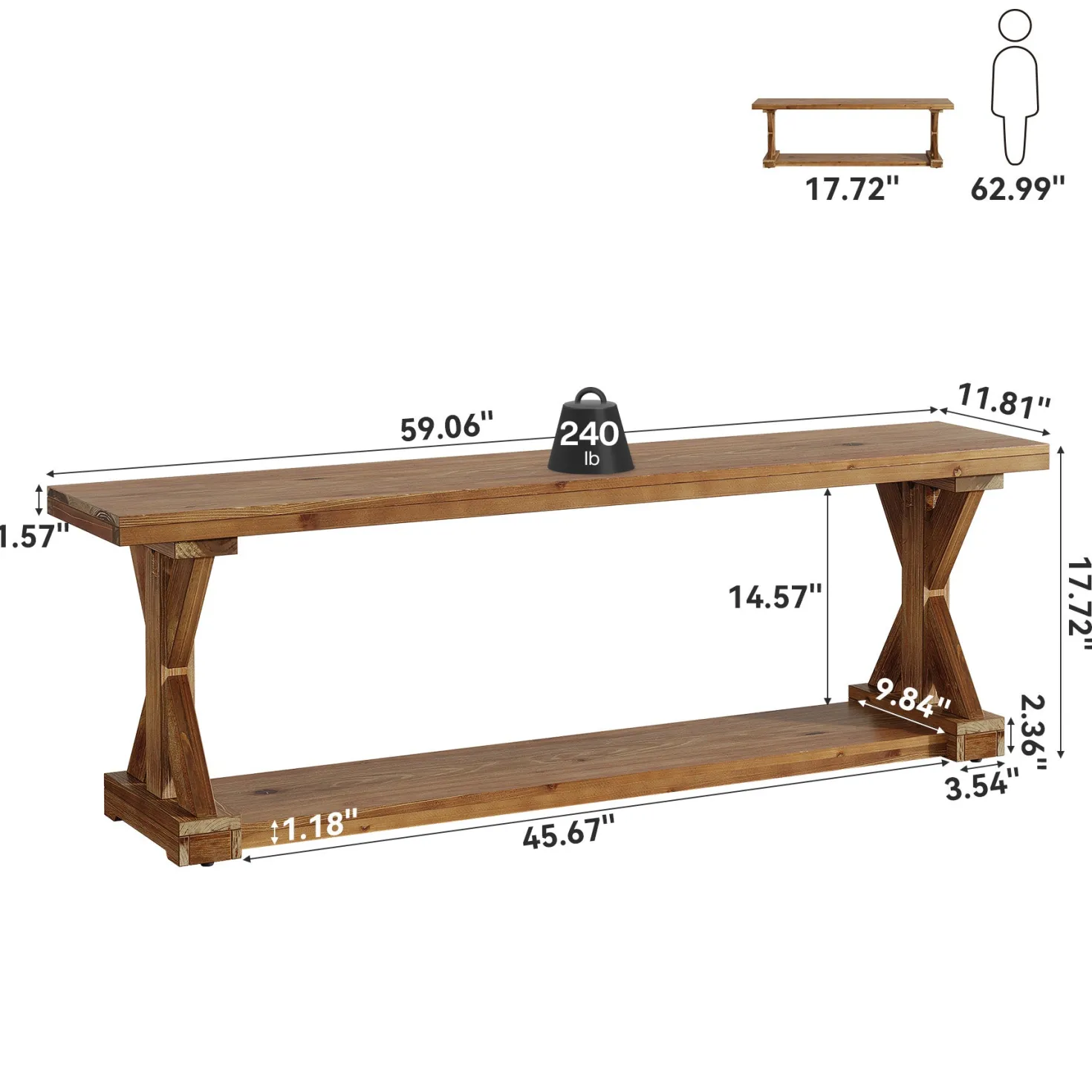 59" Solid Wood Dining Bench, 2-Tier Wooden Storage Bench for Dining Room