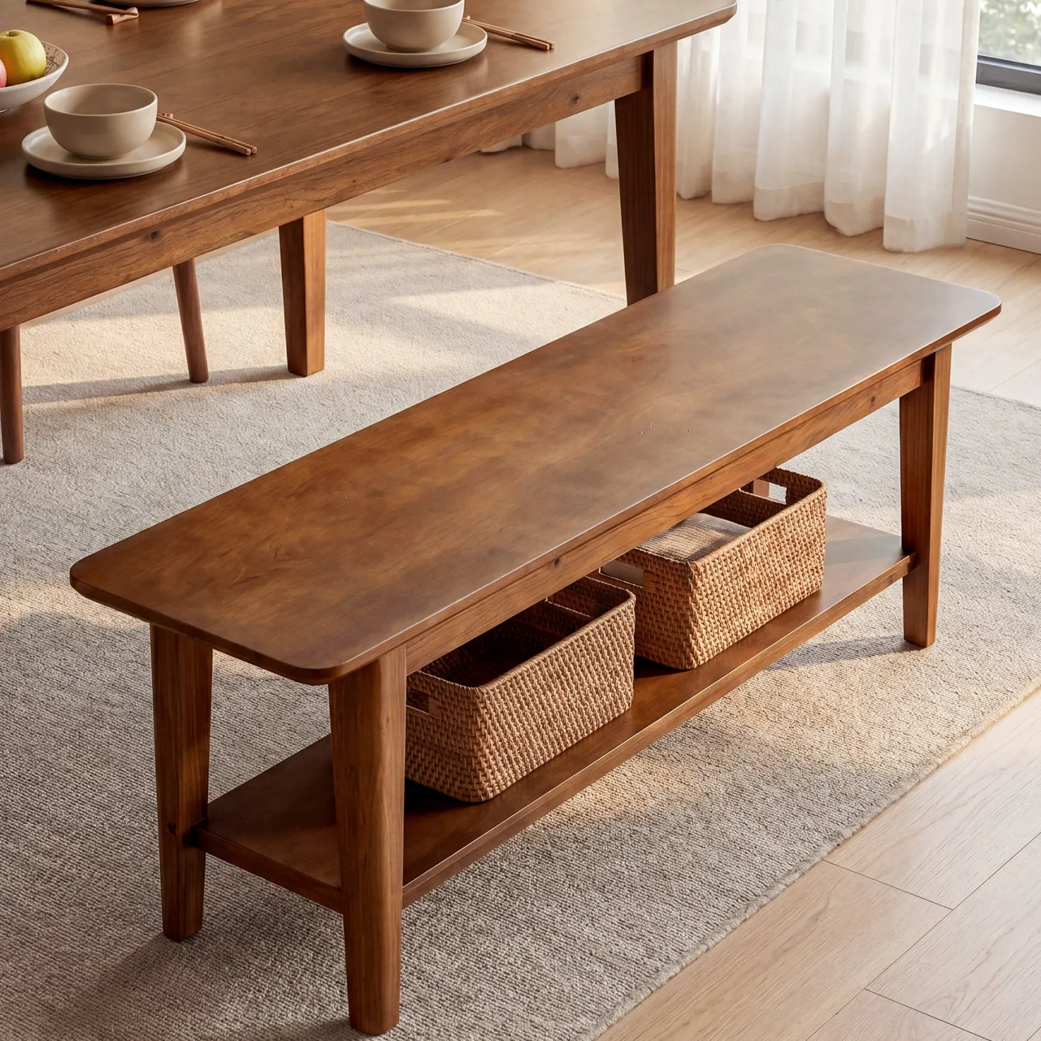 55" Solid Wood Dining Bench, Farmhouse Kitchen Bench with Lower Shelf