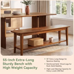 55" Solid Wood Dining Bench, Farmhouse Kitchen Bench with Lower Shelf
