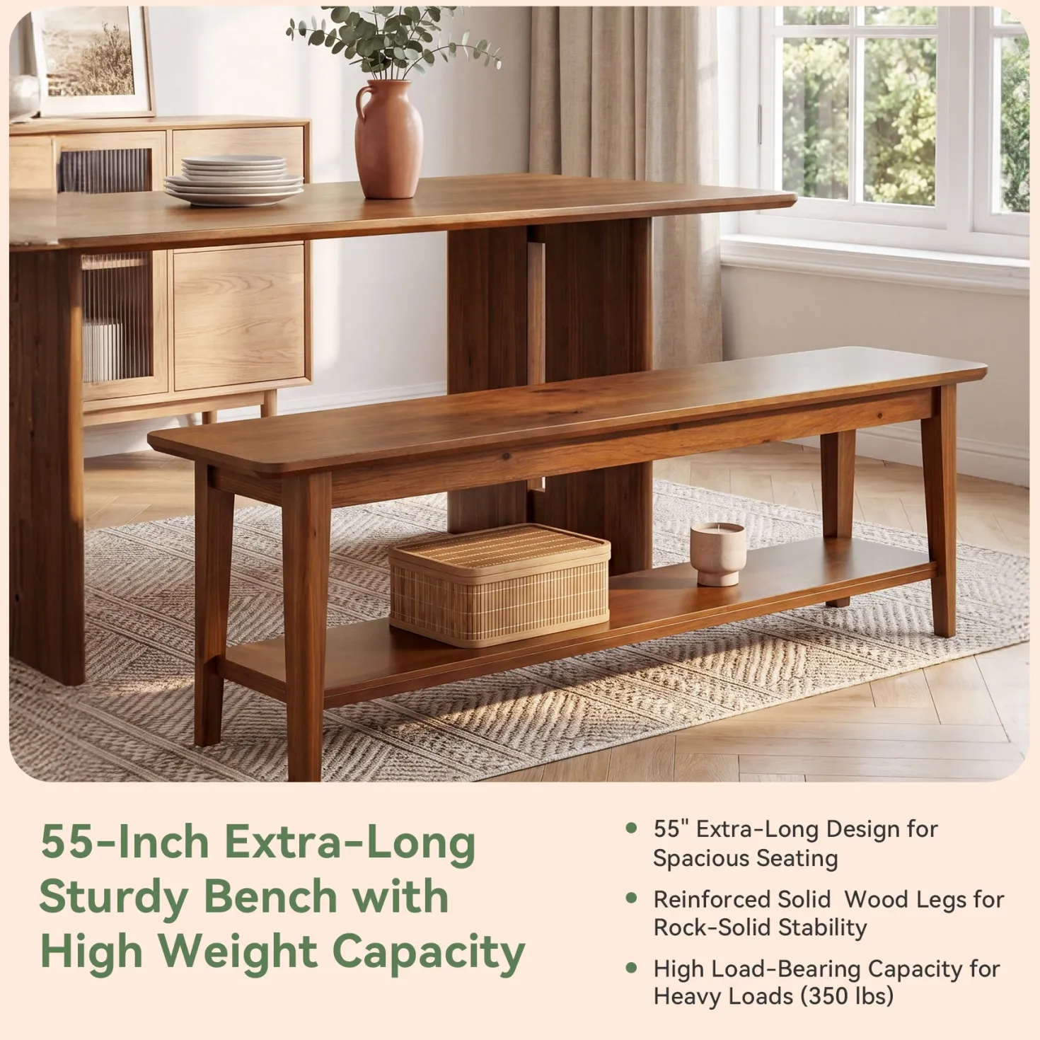 55" Solid Wood Dining Bench, Farmhouse Kitchen Bench with Lower Shelf
