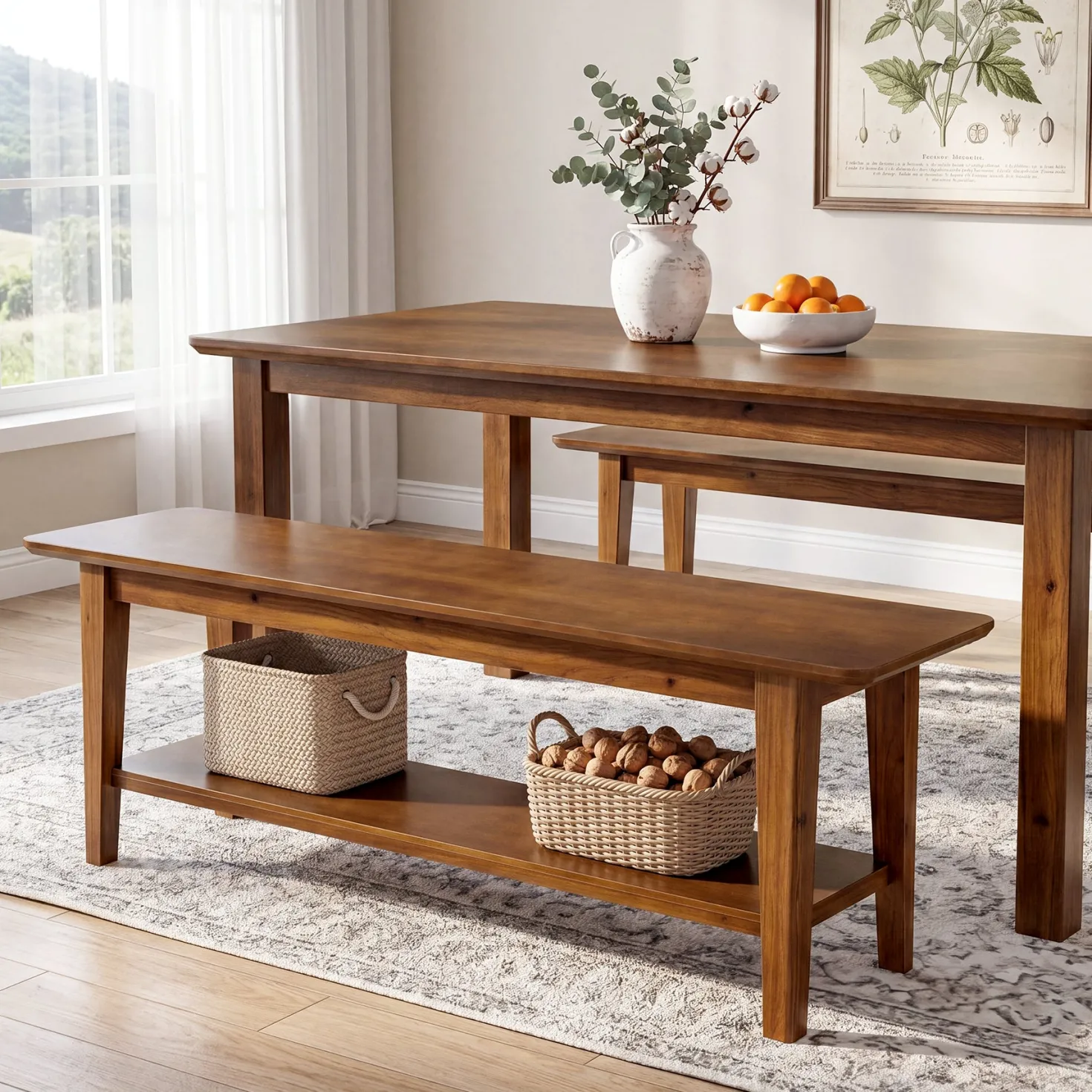55" Solid Wood Dining Bench, Farmhouse Kitchen Bench with Lower Shelf