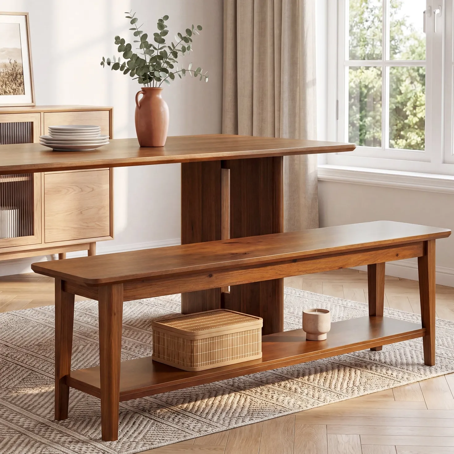 55" Solid Wood Dining Bench, Farmhouse Kitchen Bench with Lower Shelf