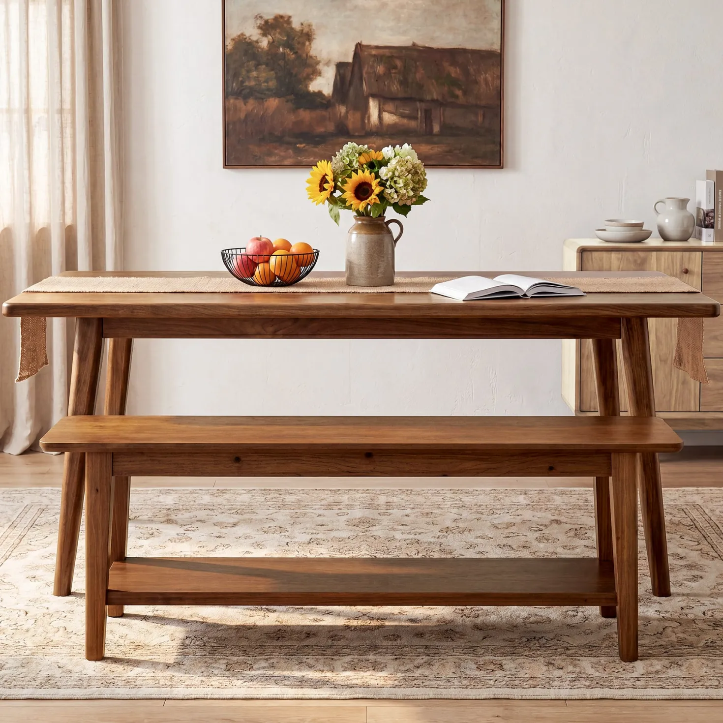 55" Solid Wood Dining Bench, Farmhouse Kitchen Bench with Lower Shelf