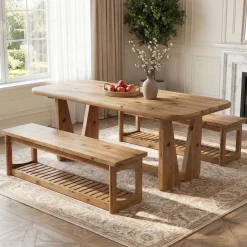 63" Solid Wood Dining Bench, 2-Tier Entryway Bench with Storage for Dining Room
