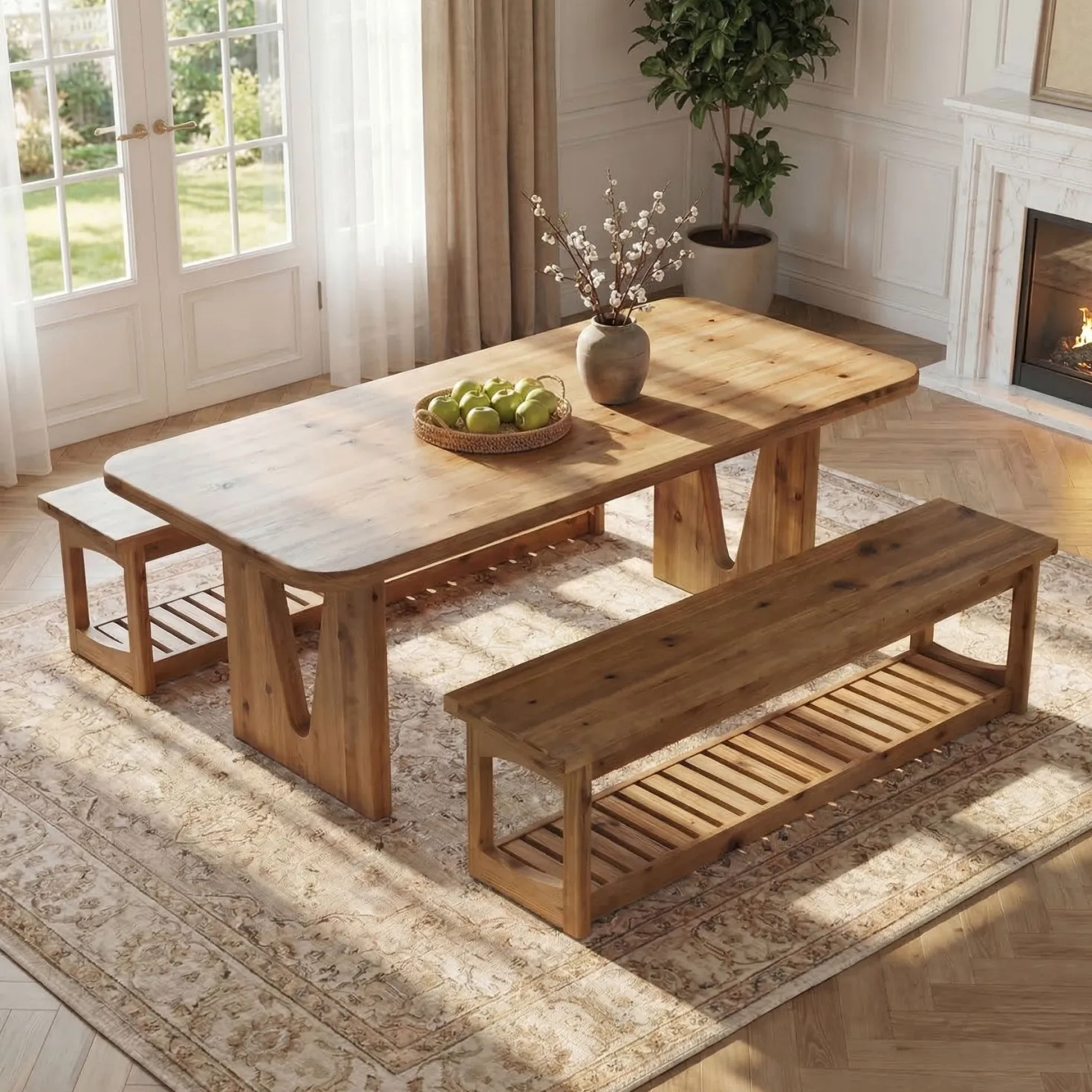 63" Solid Wood Dining Bench, 2-Tier Entryway Bench with Storage for Dining Room