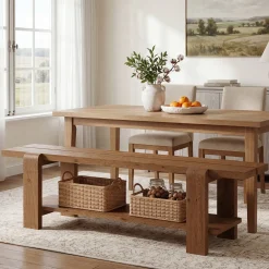 63" Solid Wood Dining Bench, Rustic Kitchen Bench with Storage Shelf (Only Bench)
