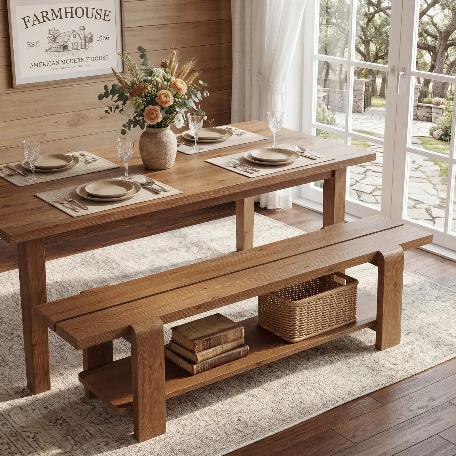 63" Solid Wood Dining Bench, Rustic Kitchen Bench with Storage Shelf (Only Bench)